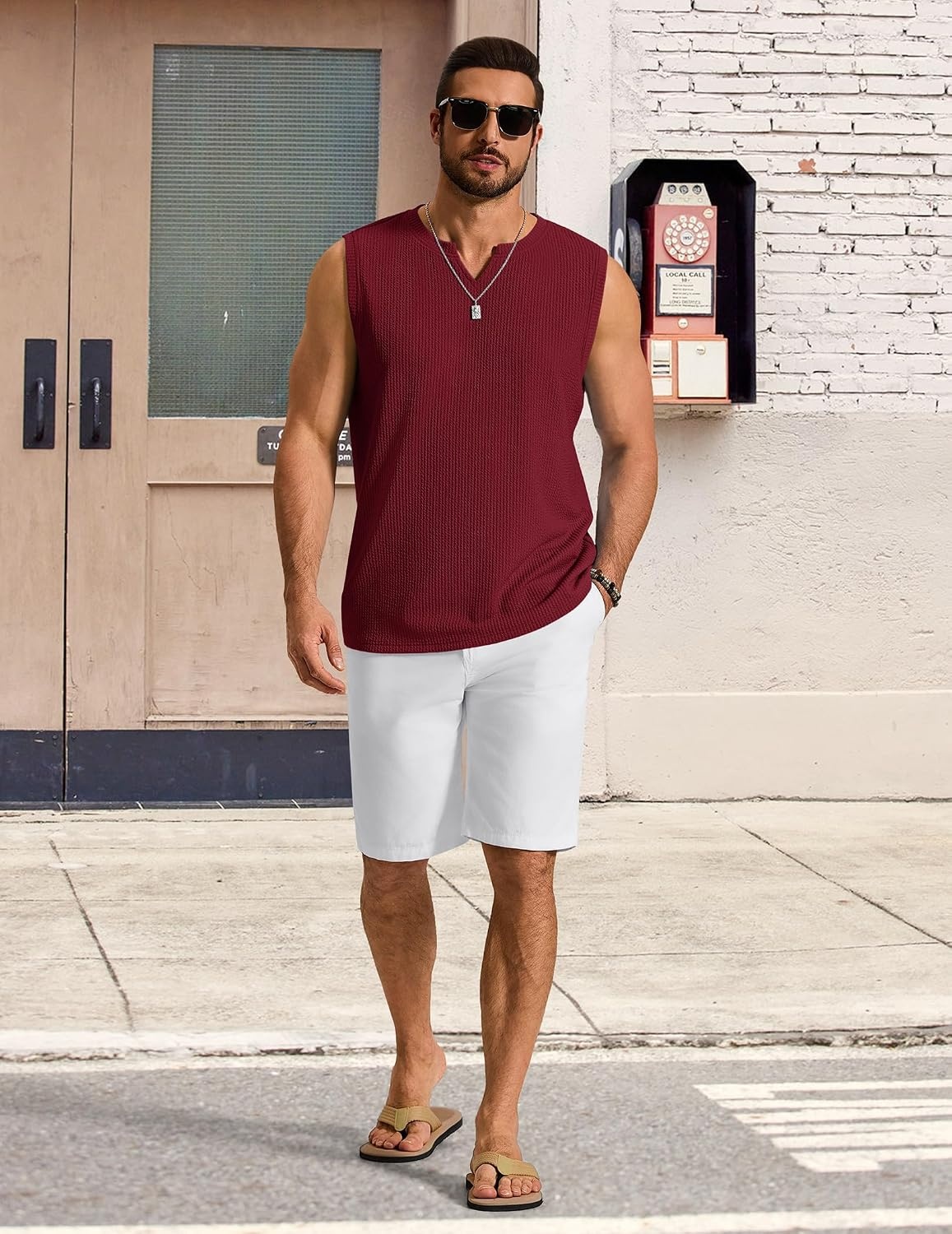 image:imageCOOFANDY Mens Casual Tank Top V Neck Knit Jacquard Summer Sleeveless Shirts Lightweight 3D Textured TankPerfect for Beach VacationBreathable and StretchableResort Wear or Retro Street StyleWine Red