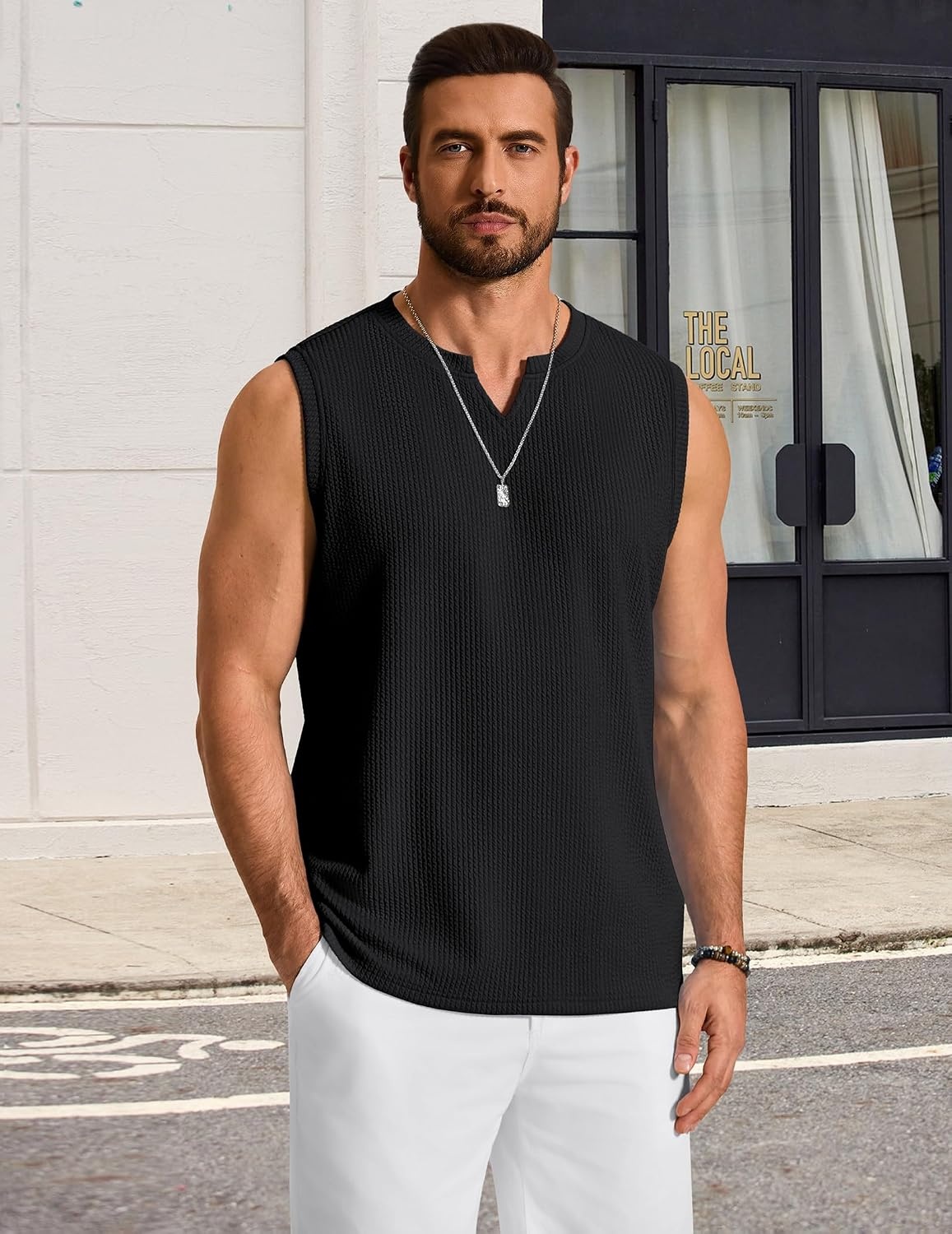 image:imageCOOFANDY Mens Casual Tank Top V Neck Knit Jacquard Summer Sleeveless Shirts Lightweight 3D Textured TankPerfect for Beach VacationBreathable and StretchableResort Wear or Retro Street StyleBlack