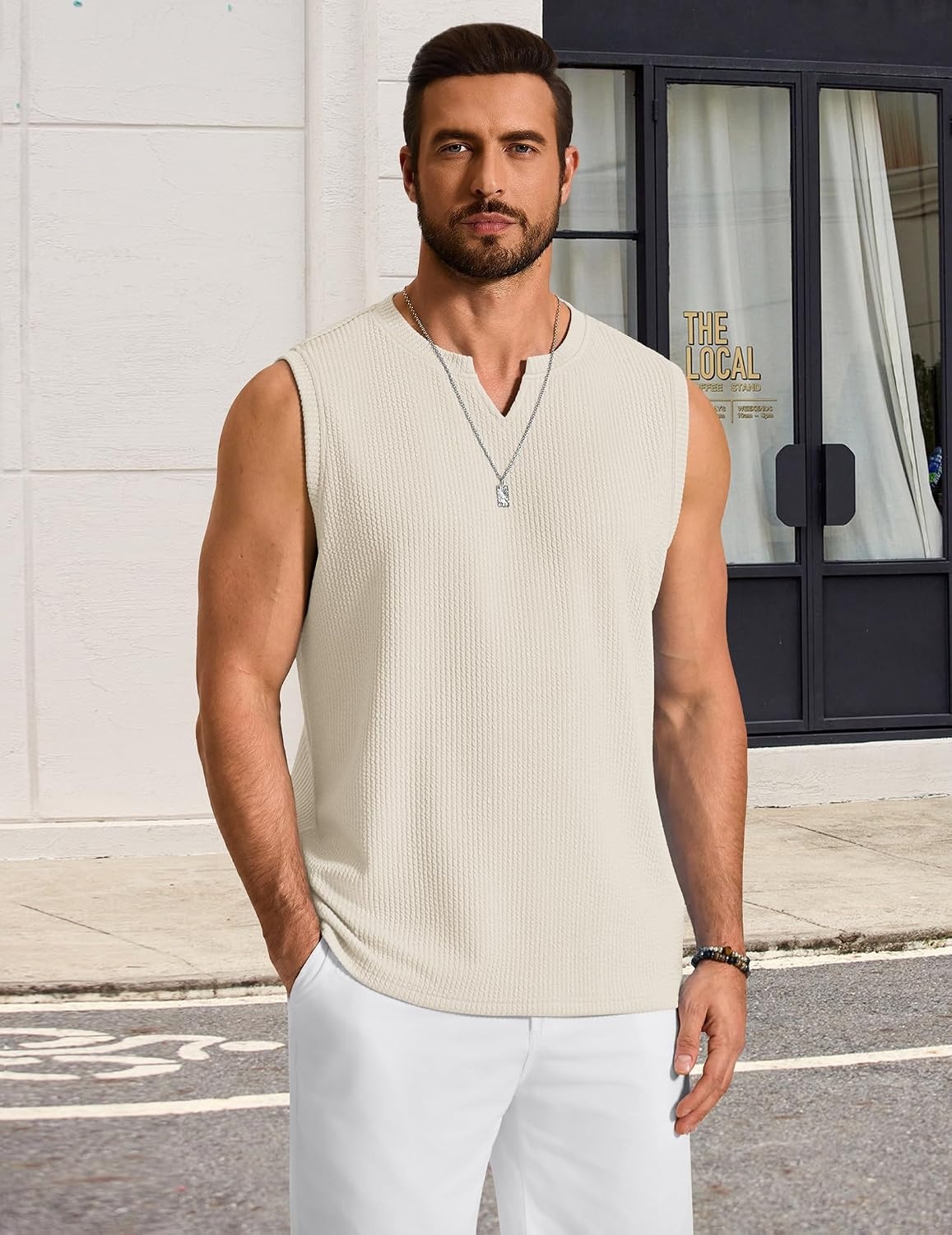 image:imageCOOFANDY Mens Casual Tank Top V Neck Knit Jacquard Summer Sleeveless Shirts Lightweight 3D Textured TankPerfect for Beach VacationBreathable and StretchableResort Wear or Retro Street StyleBeige