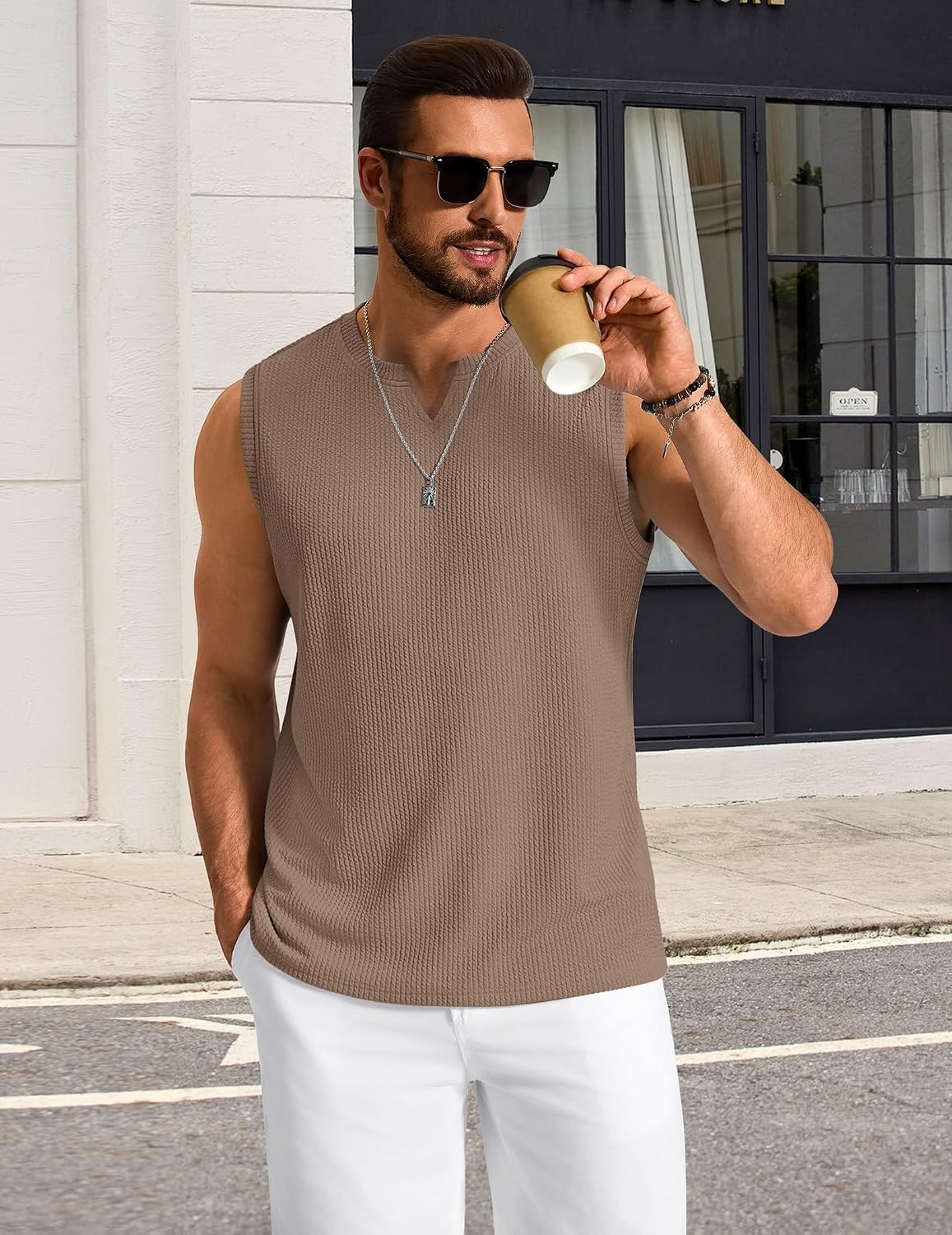 image:imageCOOFANDY Mens Casual Tank Top V Neck Knit Jacquard Summer Sleeveless Shirts Lightweight 3D Textured TankPerfect for Beach VacationBreathable and StretchableResort Wear or Retro Street StyleKhaki