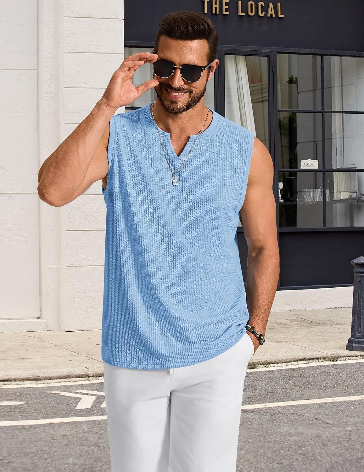 image:imageCOOFANDY Mens Casual Tank Top V Neck Knit Jacquard Summer Sleeveless Shirts Lightweight 3D Textured TankPerfect for Beach VacationBreathable and StretchableResort Wear or Retro Street StyleLight Blue