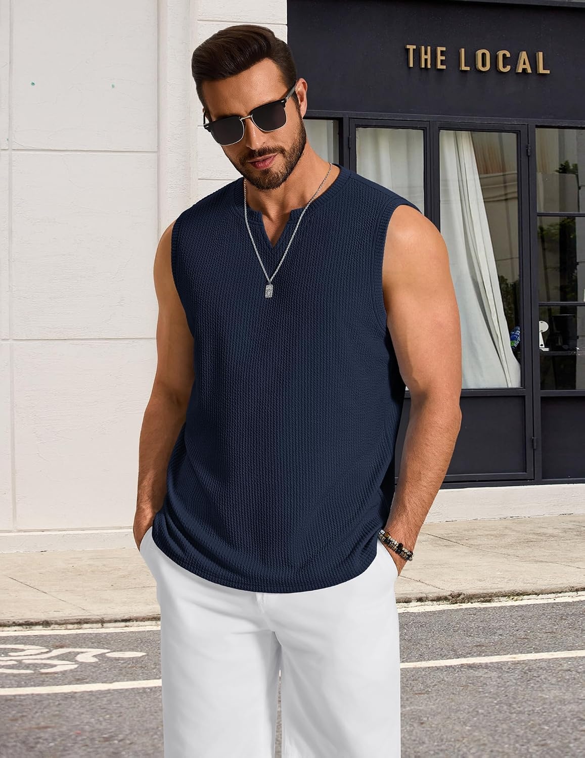 image:imageCOOFANDY Mens Casual Tank Top V Neck Knit Jacquard Summer Sleeveless Shirts Lightweight 3D Textured TankPerfect for Beach VacationBreathable and StretchableResort Wear or Retro Street StyleNavy Blue
