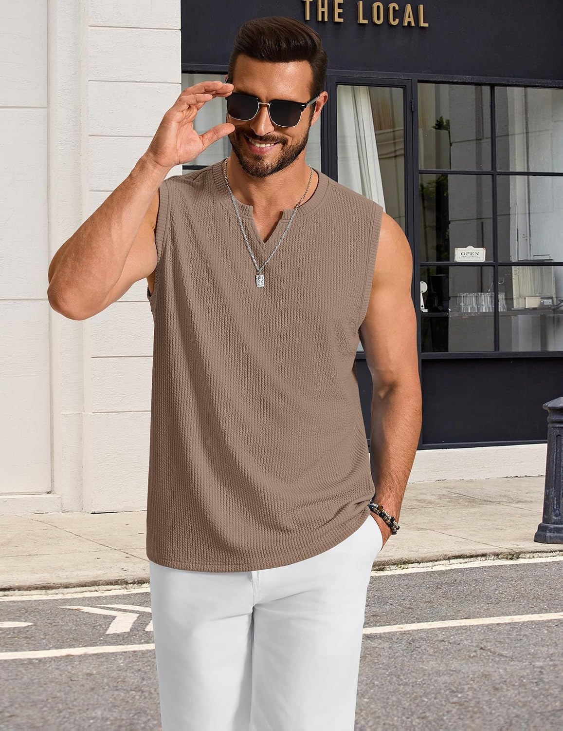 image:imageCOOFANDY Mens Casual Tank Top V Neck Knit Jacquard Summer Sleeveless Shirts Lightweight 3D Textured TankPerfect for Beach VacationBreathable and StretchableResort Wear or Retro Street StyleKhaki