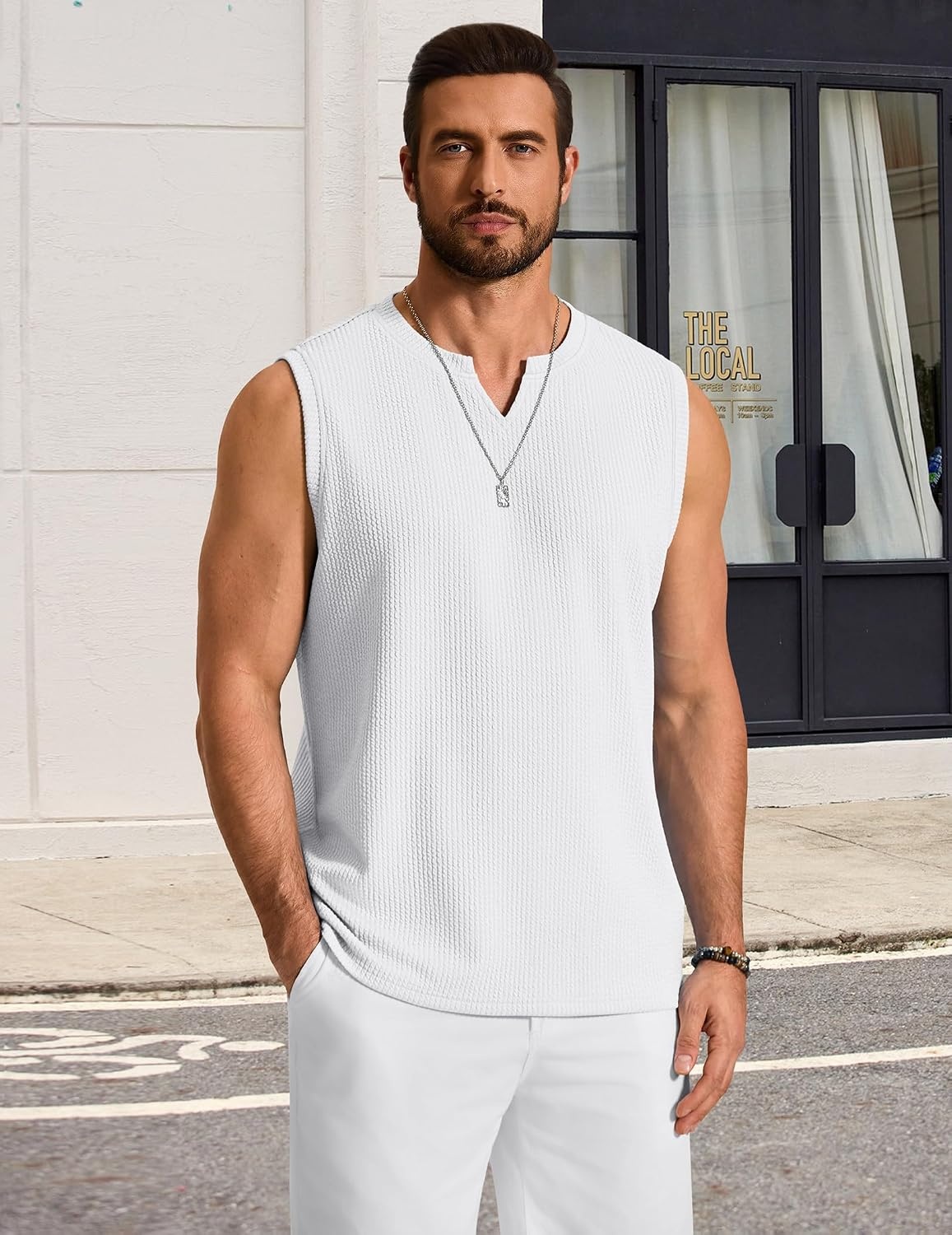 image:imageCOOFANDY Mens Casual Tank Top V Neck Knit Jacquard Summer Sleeveless Shirts Lightweight 3D Textured TankPerfect for Beach VacationBreathable and StretchableResort Wear or Retro Street StyleWhite