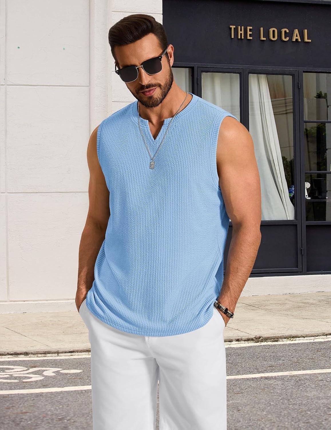 image:imageCOOFANDY Mens Casual Tank Top V Neck Knit Jacquard Summer Sleeveless Shirts Lightweight 3D Textured TankPerfect for Beach VacationBreathable and StretchableResort Wear or Retro Street StyleLight Blue