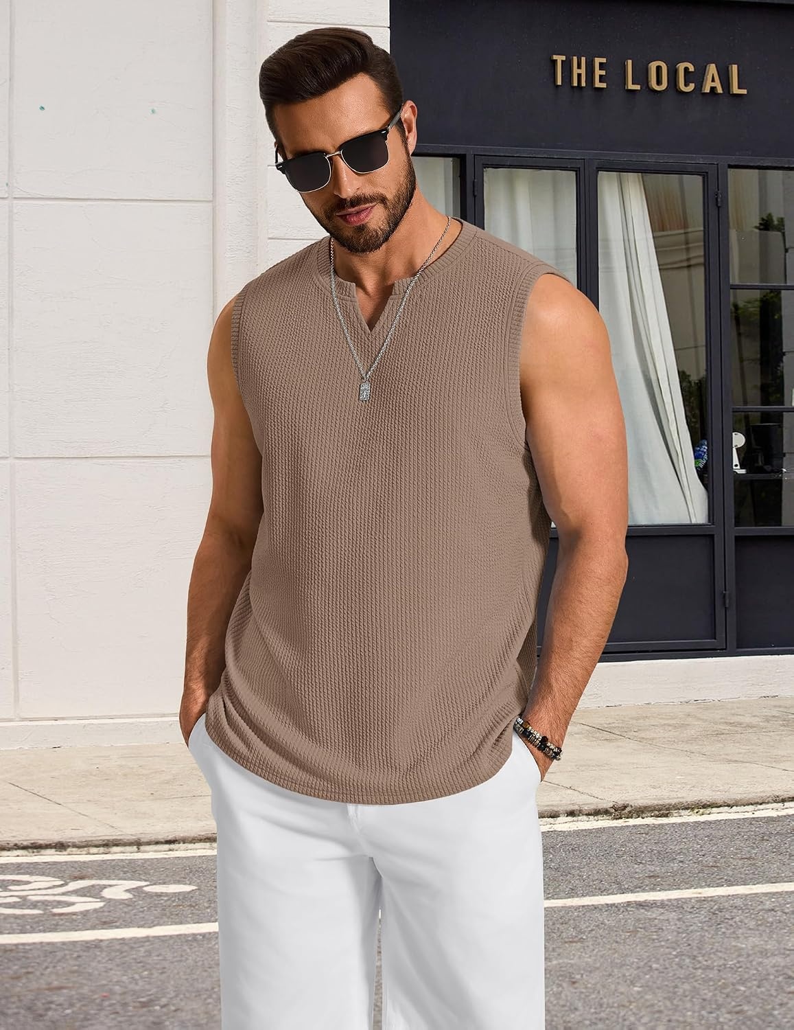 image:imageCOOFANDY Mens Casual Tank Top V Neck Knit Jacquard Summer Sleeveless Shirts Lightweight 3D Textured TankPerfect for Beach VacationBreathable and StretchableResort Wear or Retro Street StyleKhaki