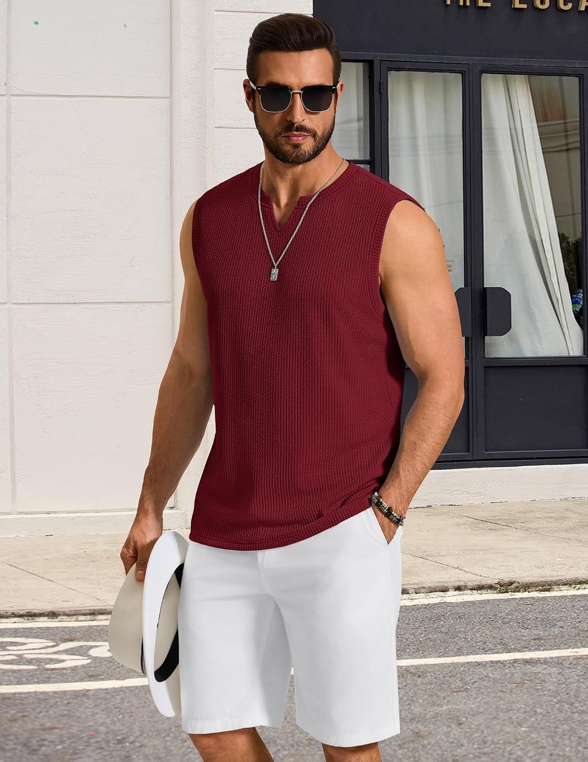 image:imageCOOFANDY Mens Casual Tank Top V Neck Knit Jacquard Summer Sleeveless Shirts Lightweight 3D Textured TankPerfect for Beach VacationBreathable and StretchableResort Wear or Retro Street StyleWine Red