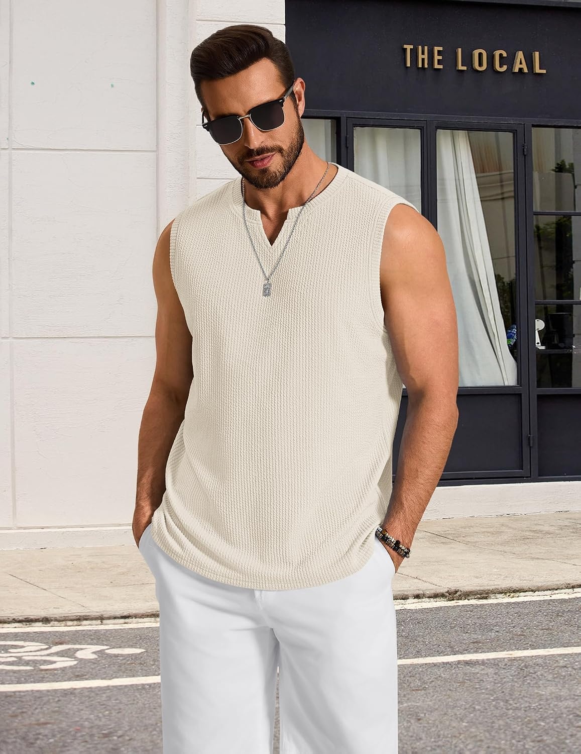 image:imageCOOFANDY Mens Casual Tank Top V Neck Knit Jacquard Summer Sleeveless Shirts Lightweight 3D Textured TankPerfect for Beach VacationBreathable and StretchableResort Wear or Retro Street StyleBeige