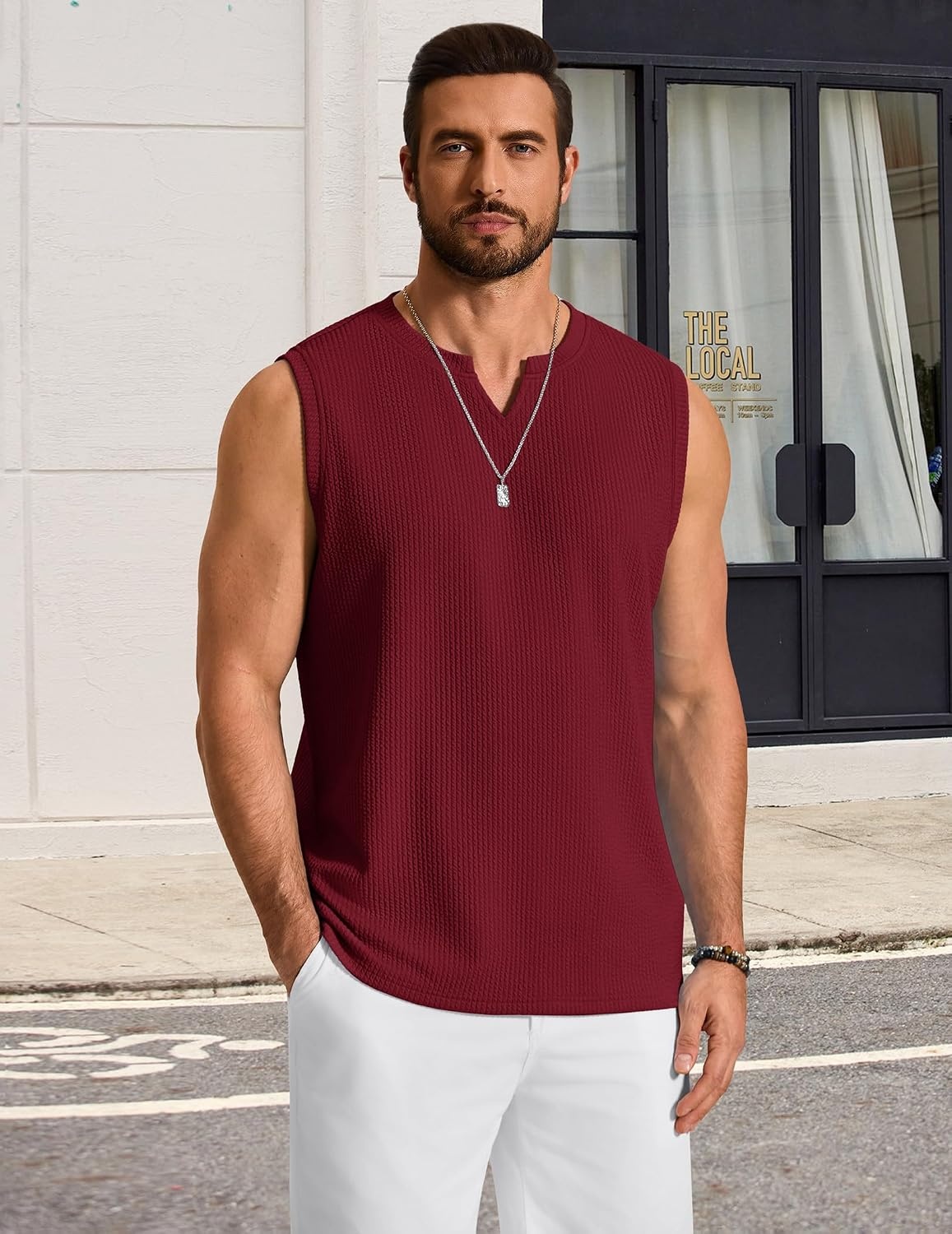 image:imageCOOFANDY Mens Casual Tank Top V Neck Knit Jacquard Summer Sleeveless Shirts Lightweight 3D Textured TankPerfect for Beach VacationBreathable and StretchableResort Wear or Retro Street StyleWine Red