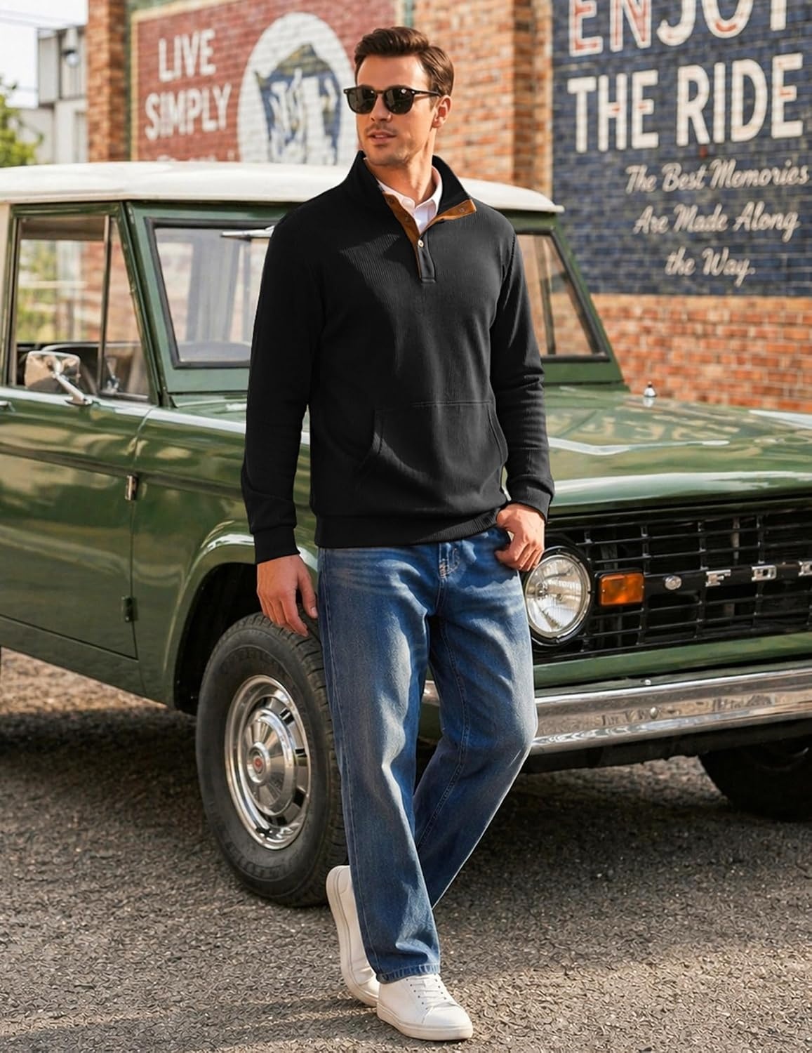 image:imageCOOFANDY Mens Corduroy Sweatshirt 14 Button Long Sleeve Pullover Corduroy Sweatshirt Quarter Button Pullover Lightweight Long Sleeve Kangaroo Pockets Athletic Sweater WorkoutBlack