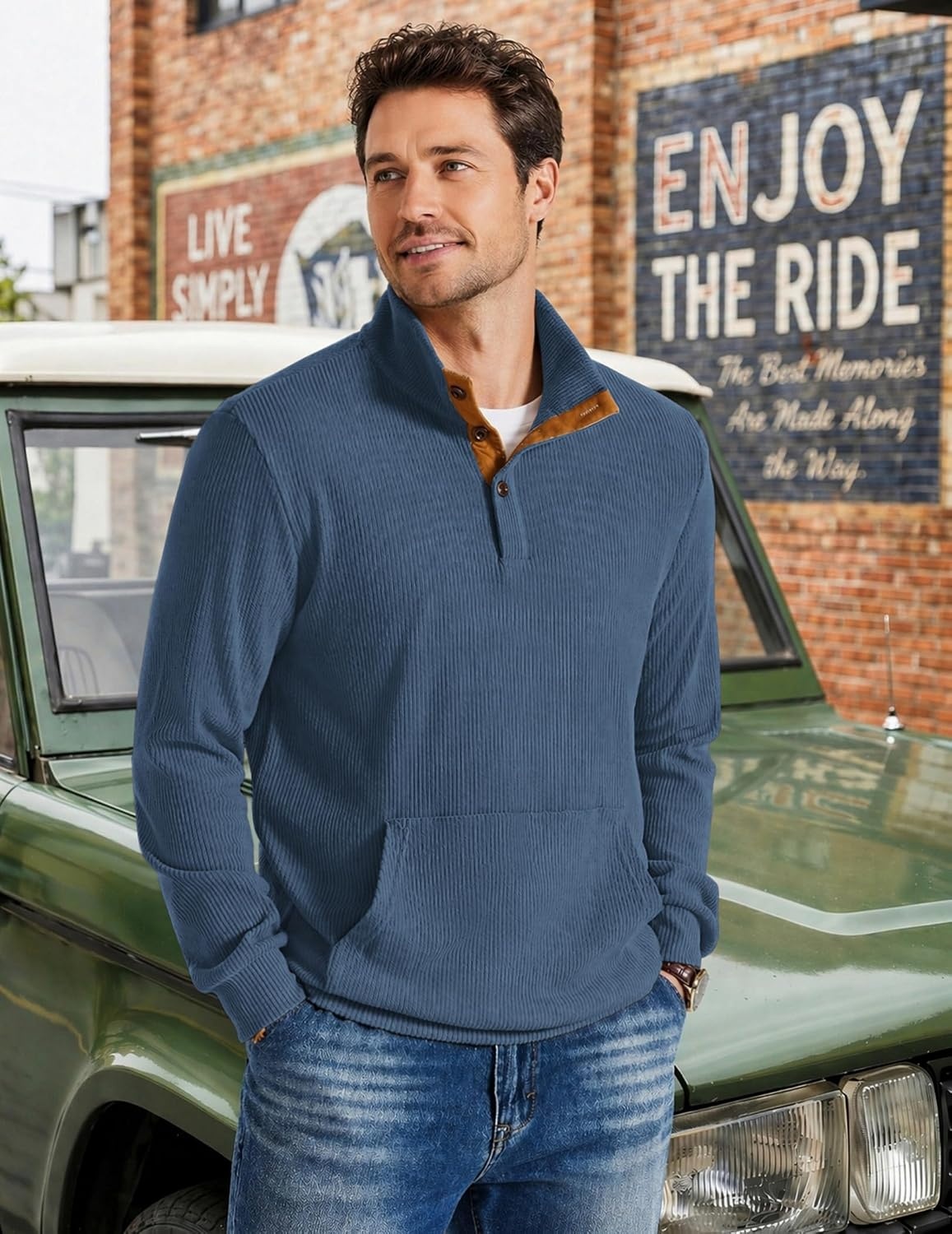 image:imageCOOFANDY Mens Corduroy Sweatshirt 14 Button Long Sleeve Pullover Corduroy Sweatshirt Quarter Button Pullover Lightweight Long Sleeve Kangaroo Pockets Athletic Sweater WorkoutDark Blue