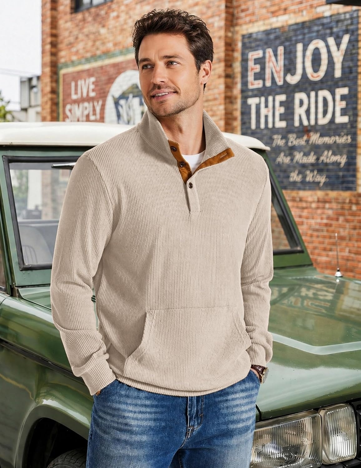image:imageCOOFANDY Mens Corduroy Sweatshirt 14 Button Long Sleeve Pullover Corduroy Sweatshirt Quarter Button Pullover Lightweight Long Sleeve Kangaroo Pockets Athletic Sweater WorkoutBeige