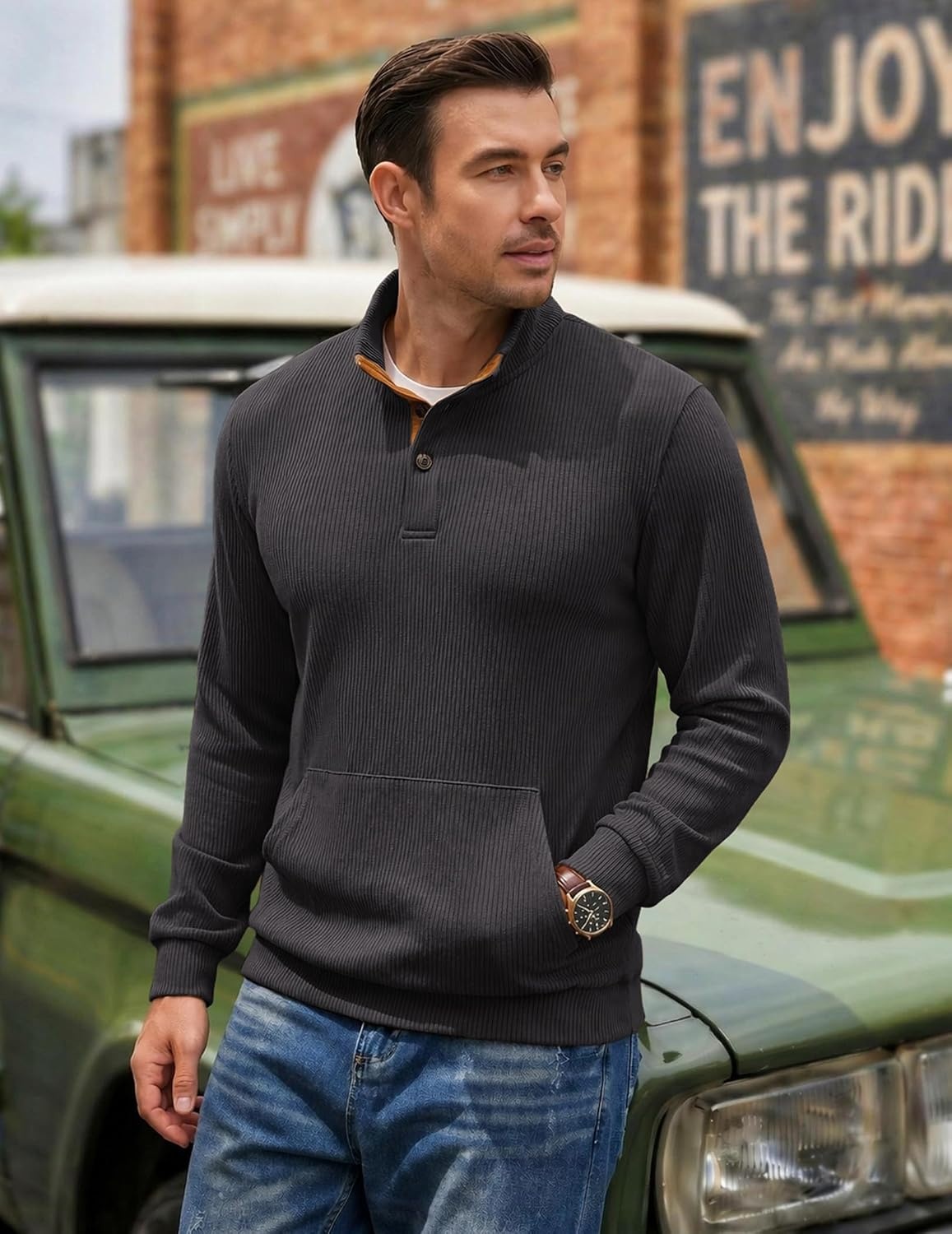image:imageCOOFANDY Mens Corduroy Sweatshirt 14 Button Long Sleeve Pullover Corduroy Sweatshirt Quarter Button Pullover Lightweight Long Sleeve Kangaroo Pockets Athletic Sweater WorkoutDark Grey