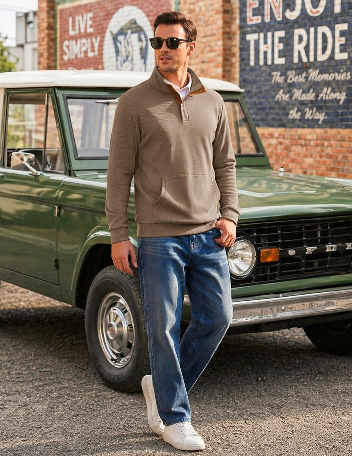 image:imageCOOFANDY Mens Corduroy Sweatshirt 14 Button Long Sleeve Pullover Corduroy Sweatshirt Quarter Button Pullover Lightweight Long Sleeve Kangaroo Pockets Athletic Sweater WorkoutKhaki