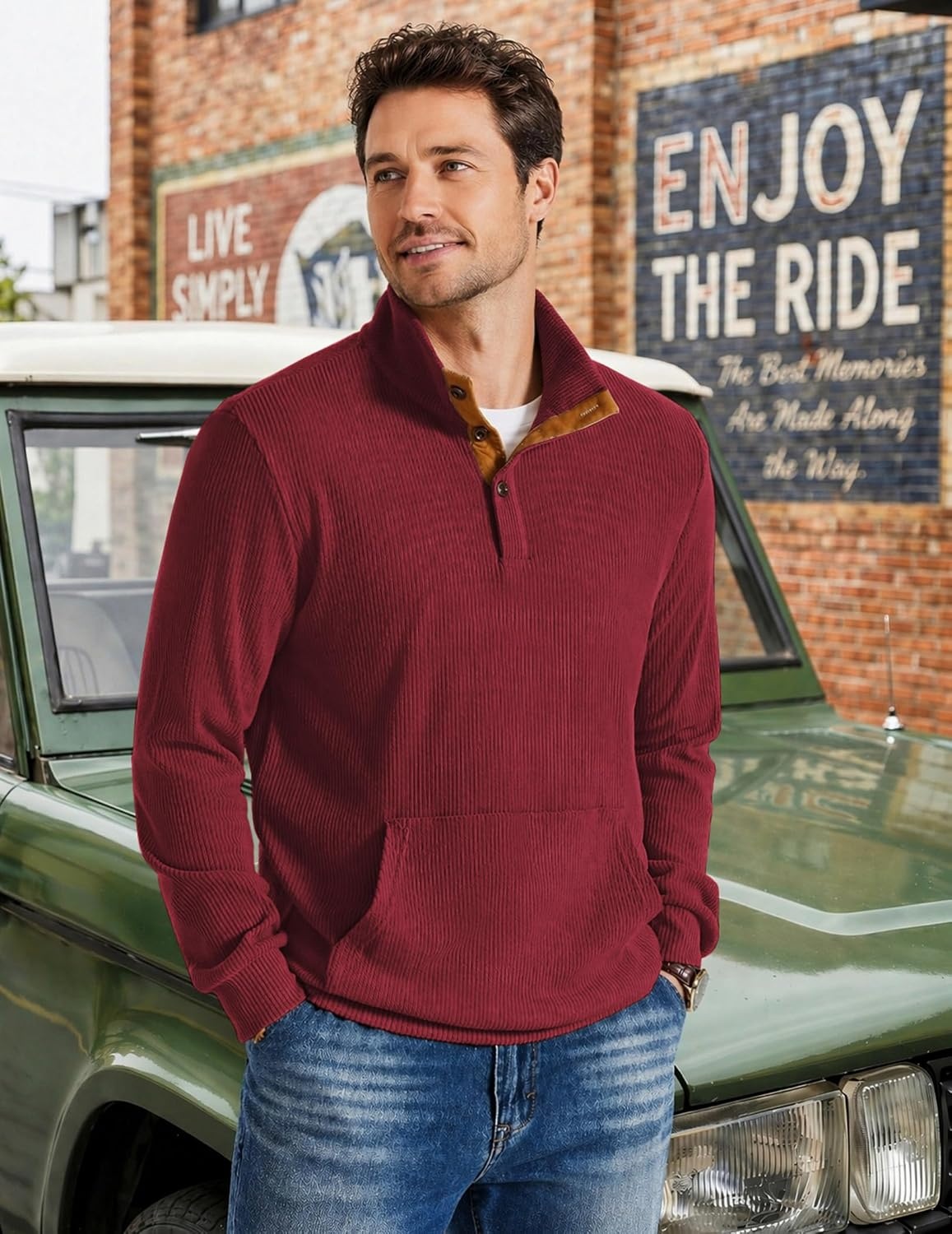 image:imageCOOFANDY Mens Corduroy Sweatshirt 14 Button Long Sleeve Pullover Corduroy Sweatshirt Quarter Button Pullover Lightweight Long Sleeve Kangaroo Pockets Athletic Sweater WorkoutDeep Red