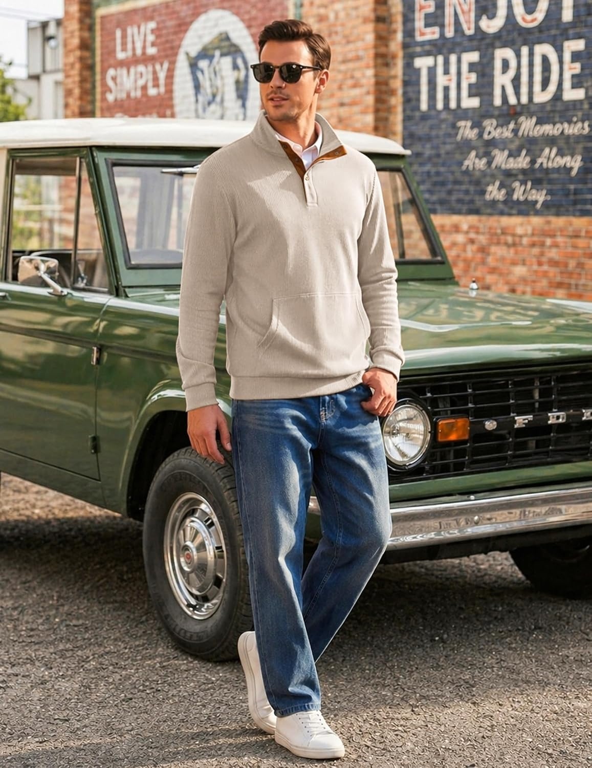 image:imageCOOFANDY Mens Corduroy Sweatshirt 14 Button Long Sleeve Pullover Corduroy Sweatshirt Quarter Button Pullover Lightweight Long Sleeve Kangaroo Pockets Athletic Sweater WorkoutBeige