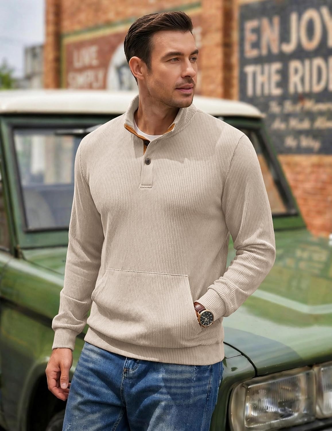 image:imageCOOFANDY Mens Corduroy Sweatshirt 14 Button Long Sleeve Pullover Corduroy Sweatshirt Quarter Button Pullover Lightweight Long Sleeve Kangaroo Pockets Athletic Sweater WorkoutBeige