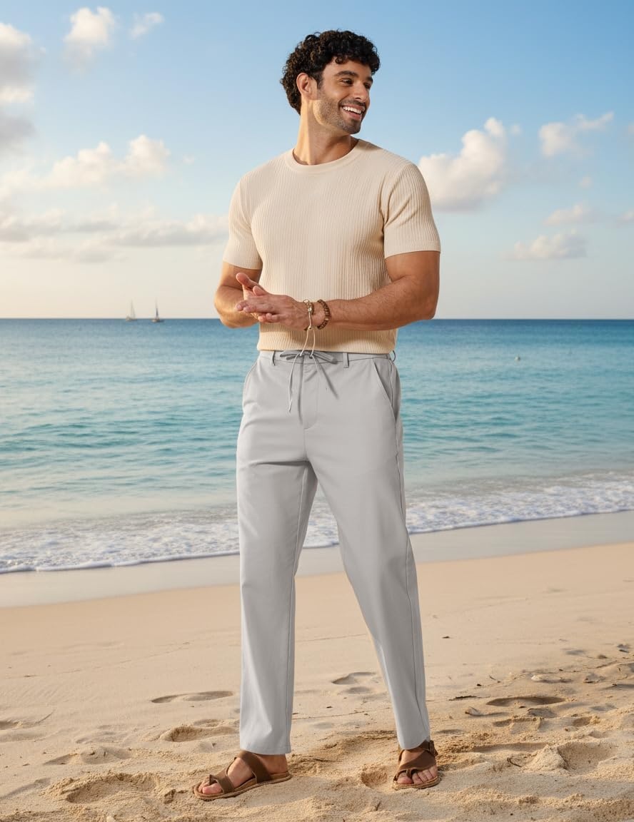 image:imageCOOFANDY Mens Cotton Linen Pants Casual Drawstring Dress Pants Beach Summer Lightweight TrousersLight Grey