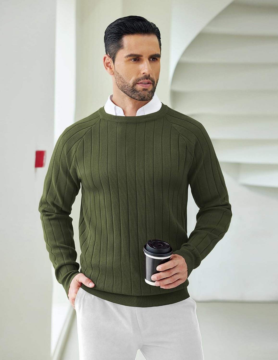image:imageCOOFANDY Mens Crewneck Pullover Sweater Business Casual Knit SweaterArmy Green