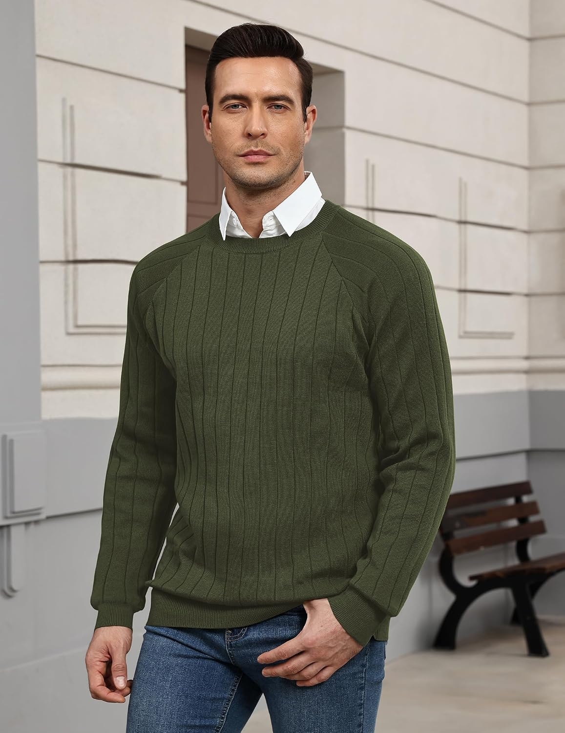 image:imageCOOFANDY Mens Crewneck Pullover Sweater Business Casual Knit SweaterArmy Green