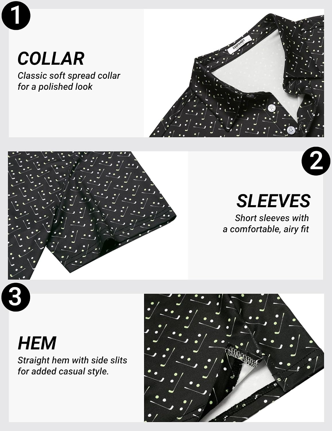 image:imageCOOFANDY Mens Golf Polo Shirts Short Sleeve Quick Dry Casual Collared Shirt Quickdry 4way stretch UPF30 moisturewicking fabric 3button polo collar side slits great for golf work amp giftsBlack Golf Clubs