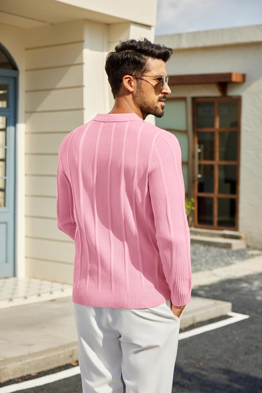image:imageCOOFANDY Mens Knit Long Sleeve Polo Shirt Sweater VNeck Textured Pullover Polo Collared Sweater Casual Shirt Soft Textured Knit Golf Polo Sweater With VNeck Collar Ribbed Cuffs Fall WinterPink