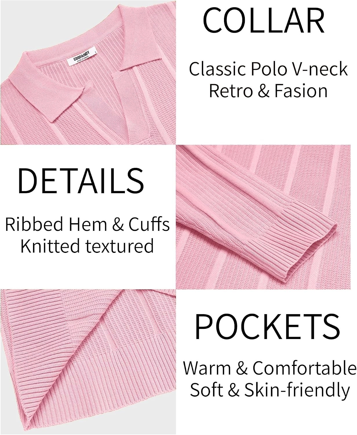 image:imageCOOFANDY Mens Knit Long Sleeve Polo Shirt Sweater VNeck Textured Pullover Polo Collared Sweater Casual Shirt Soft Textured Knit Golf Polo Sweater With VNeck Collar Ribbed Cuffs Fall WinterPink
