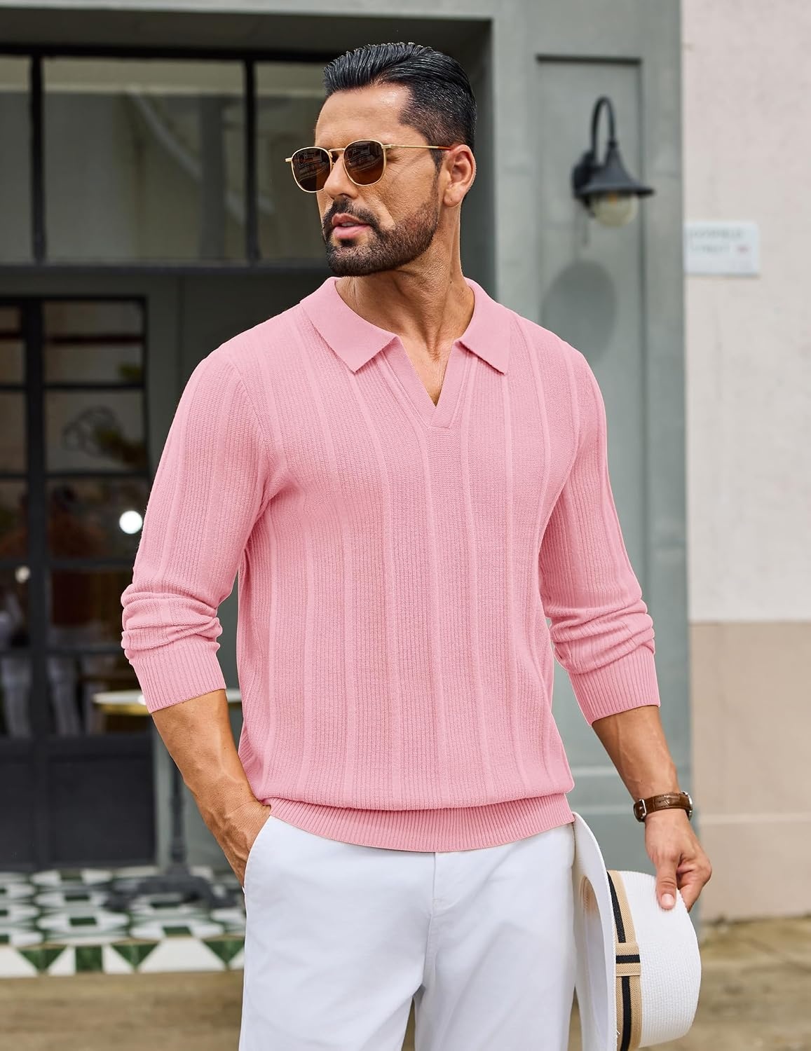 image:imageCOOFANDY Mens Knit Long Sleeve Polo Shirt Sweater VNeck Textured Pullover Polo Collared Sweater Casual Shirt Soft Textured Knit Golf Polo Sweater With VNeck Collar Ribbed Cuffs Fall WinterPink