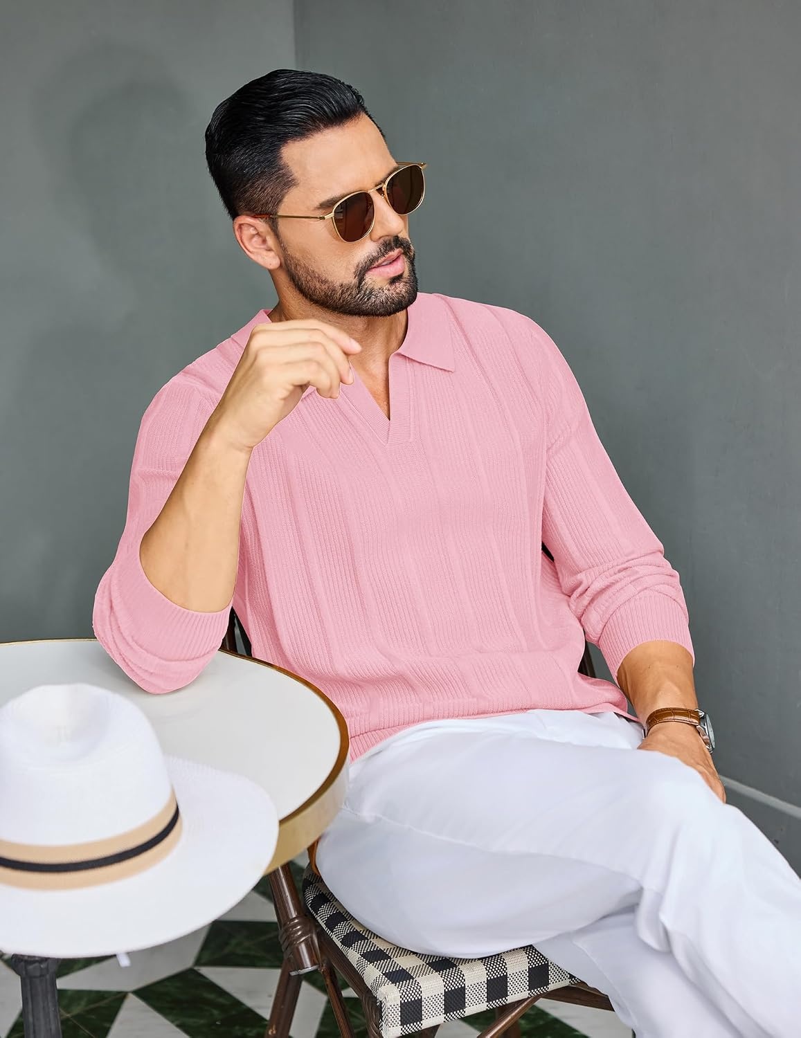 image:imageCOOFANDY Mens Knit Long Sleeve Polo Shirt Sweater VNeck Textured Pullover Polo Collared Sweater Casual Shirt Soft Textured Knit Golf Polo Sweater With VNeck Collar Ribbed Cuffs Fall WinterPink