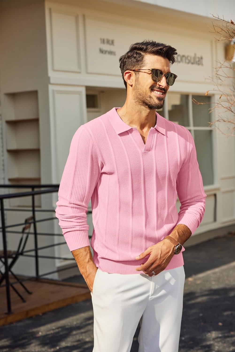 image:imageCOOFANDY Mens Knit Long Sleeve Polo Shirt Sweater VNeck Textured Pullover Polo Collared Sweater Casual Shirt Soft Textured Knit Golf Polo Sweater With VNeck Collar Ribbed Cuffs Fall WinterPink