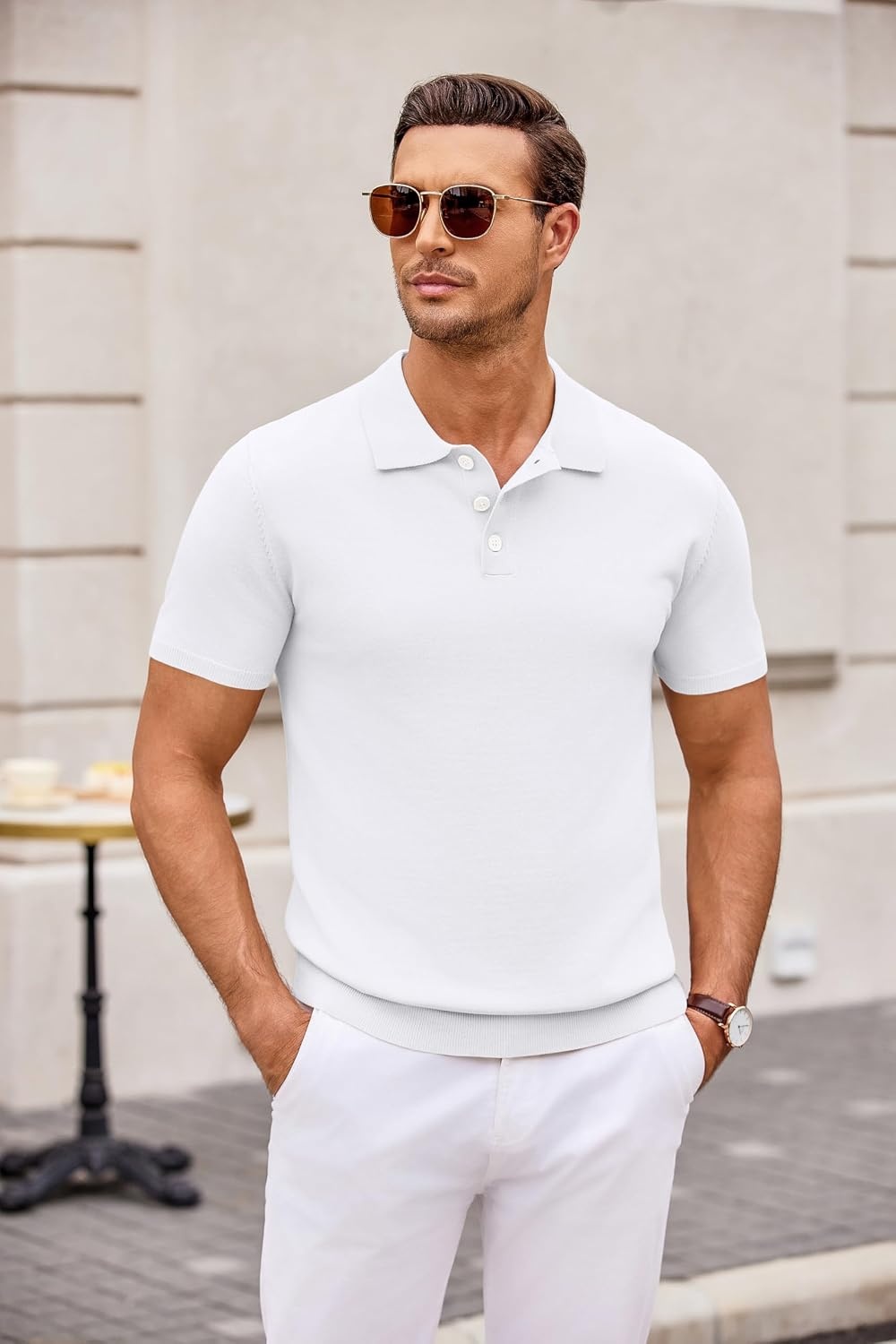 image:imageCOOFANDY Mens Knit Polo Shirts Casual Short Sleeve Button Down Polo Shirt Knit polo soft breathable stretch 3button placket elastic ribbed cuffs and hem casual business classic stylishWhite