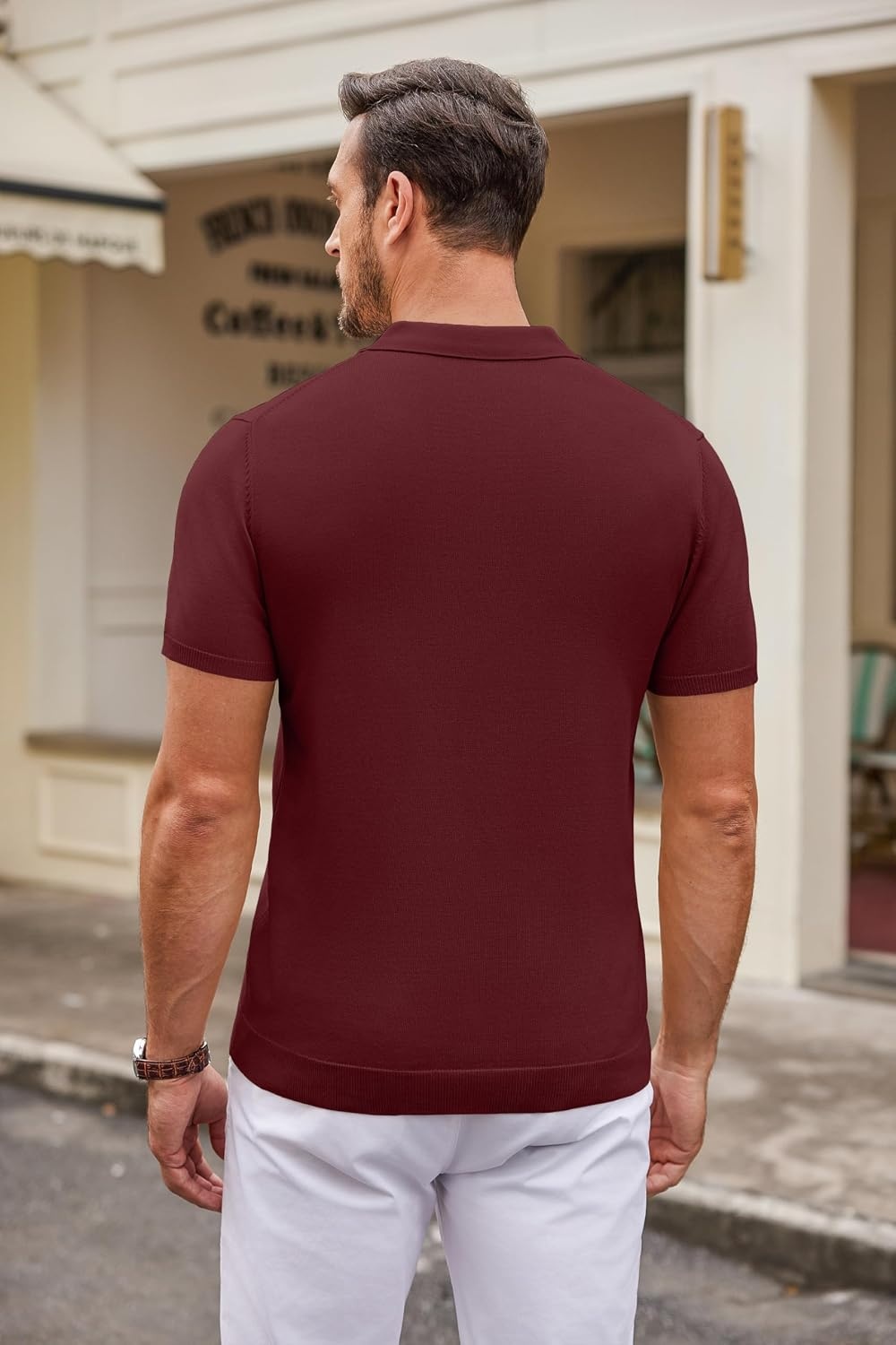 image:imageCOOFANDY Mens Knit Polo Shirts Casual Short Sleeve Button Down Polo Shirt Knit polo soft breathable stretch 3button placket elastic ribbed cuffs and hem casual business classic stylishWine Red