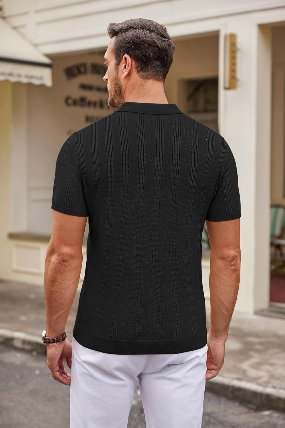 image:imageCOOFANDY Mens Knit Polo Shirts Casual Short Sleeve Button Down Polo Shirt Knit polo soft breathable stretch 3button placket elastic ribbed cuffs and hem casual business classic stylishHblack Ribbing