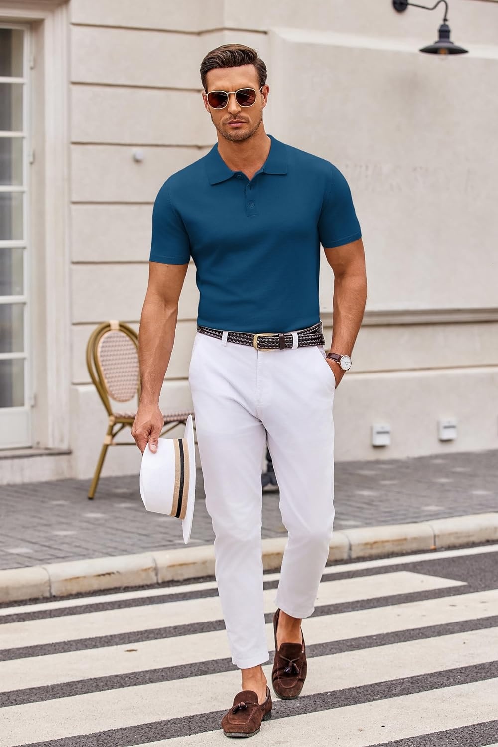image:imageCOOFANDY Mens Knit Polo Shirts Casual Short Sleeve Button Down Polo Shirt Knit polo soft breathable stretch 3button placket elastic ribbed cuffs and hem casual business classic stylishDenim Blue