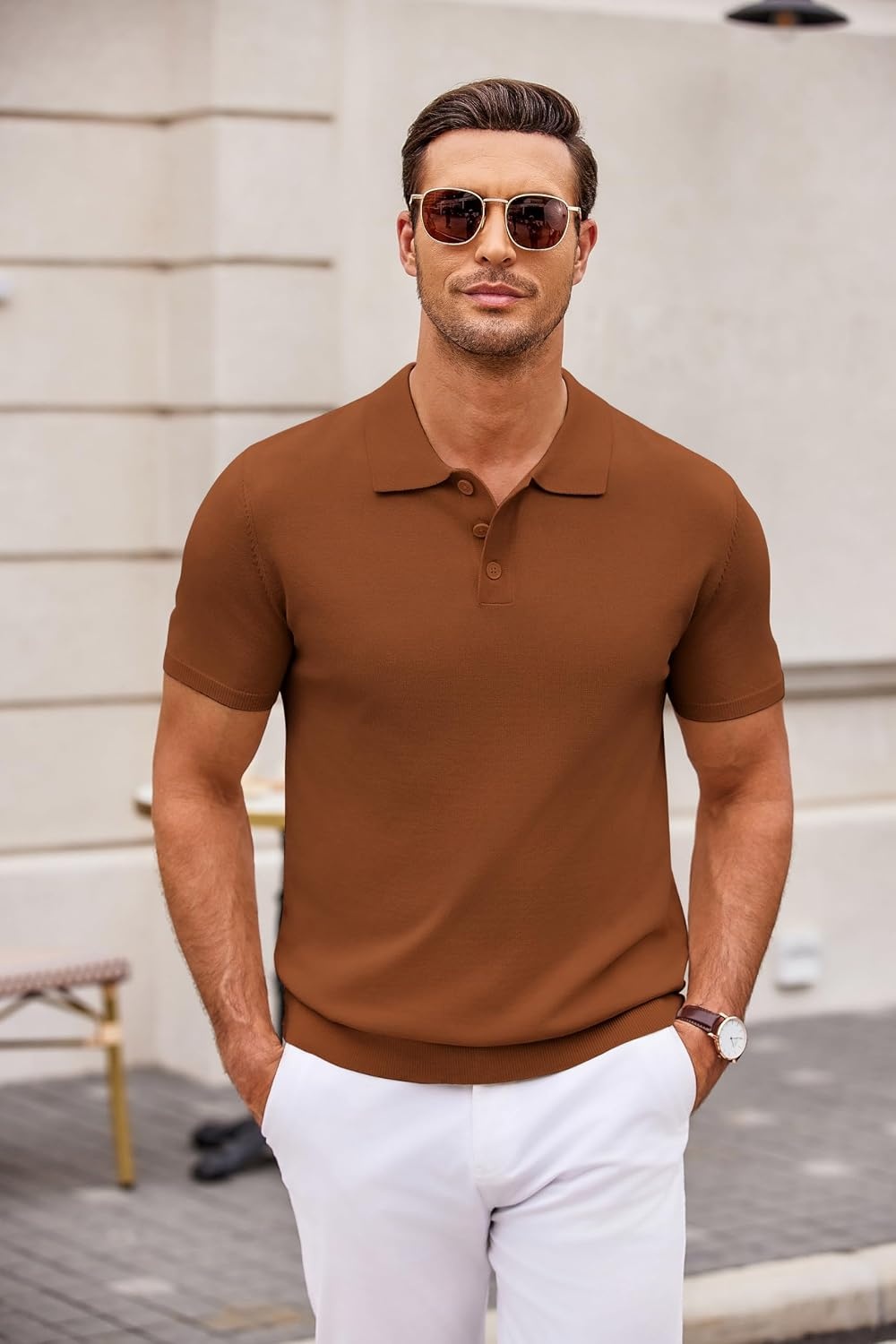 image:imageCOOFANDY Mens Knit Polo Shirts Casual Short Sleeve Button Down Polo Shirt Knit polo soft breathable stretch 3button placket elastic ribbed cuffs and hem casual business classic stylishCaramel