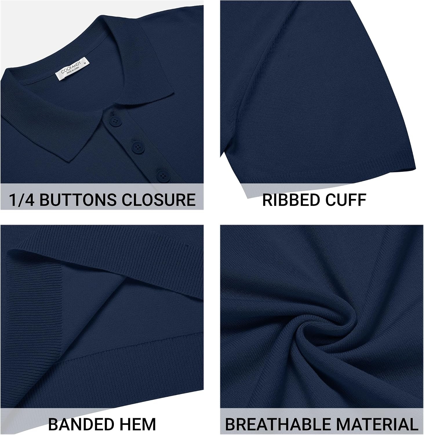 image:imageCOOFANDY Mens Knit Polo Shirts Casual Short Sleeve Button Down Polo Shirt Knit polo soft breathable stretch 3button placket elastic ribbed cuffs and hem casual business classic stylishNavy Blue