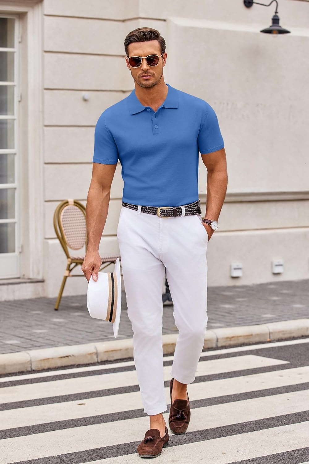 image:imageCOOFANDY Mens Knit Polo Shirts Casual Short Sleeve Button Down Polo Shirt Knit polo soft breathable stretch 3button placket elastic ribbed cuffs and hem casual business classic stylishBlue