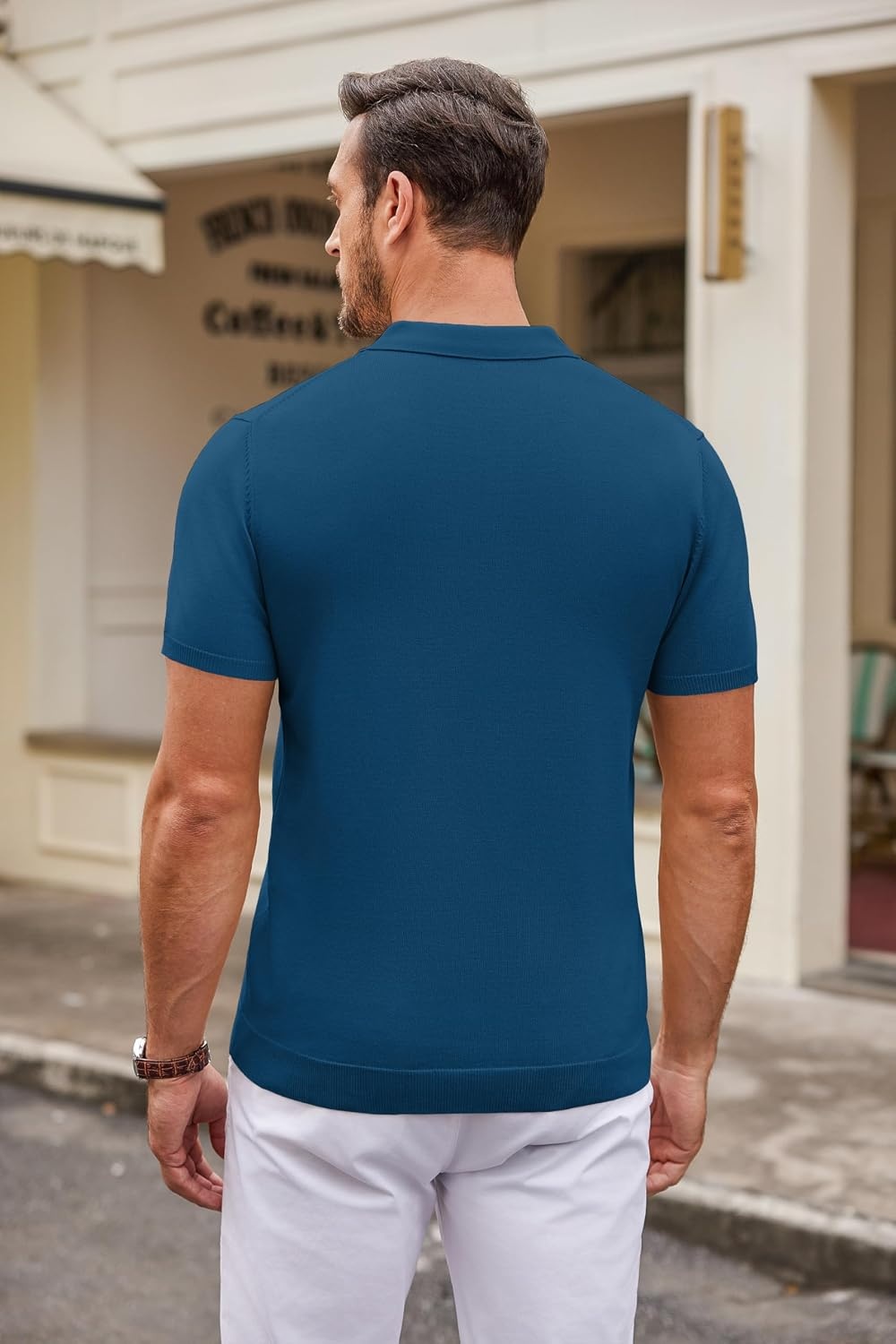 image:imageCOOFANDY Mens Knit Polo Shirts Casual Short Sleeve Button Down Polo Shirt Knit polo soft breathable stretch 3button placket elastic ribbed cuffs and hem casual business classic stylishDenim Blue