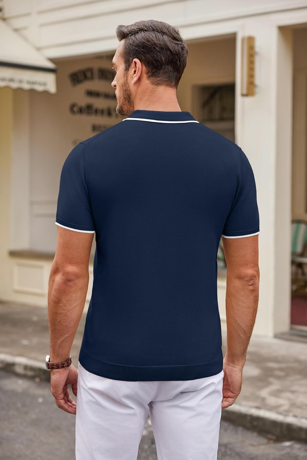 image:imageCOOFANDY Mens Knit Polo Shirts Casual Short Sleeve Button Down Polo Shirt Knit polo soft breathable stretch 3button placket elastic ribbed cuffs and hem casual business classic stylishEnavy Blue White Striped