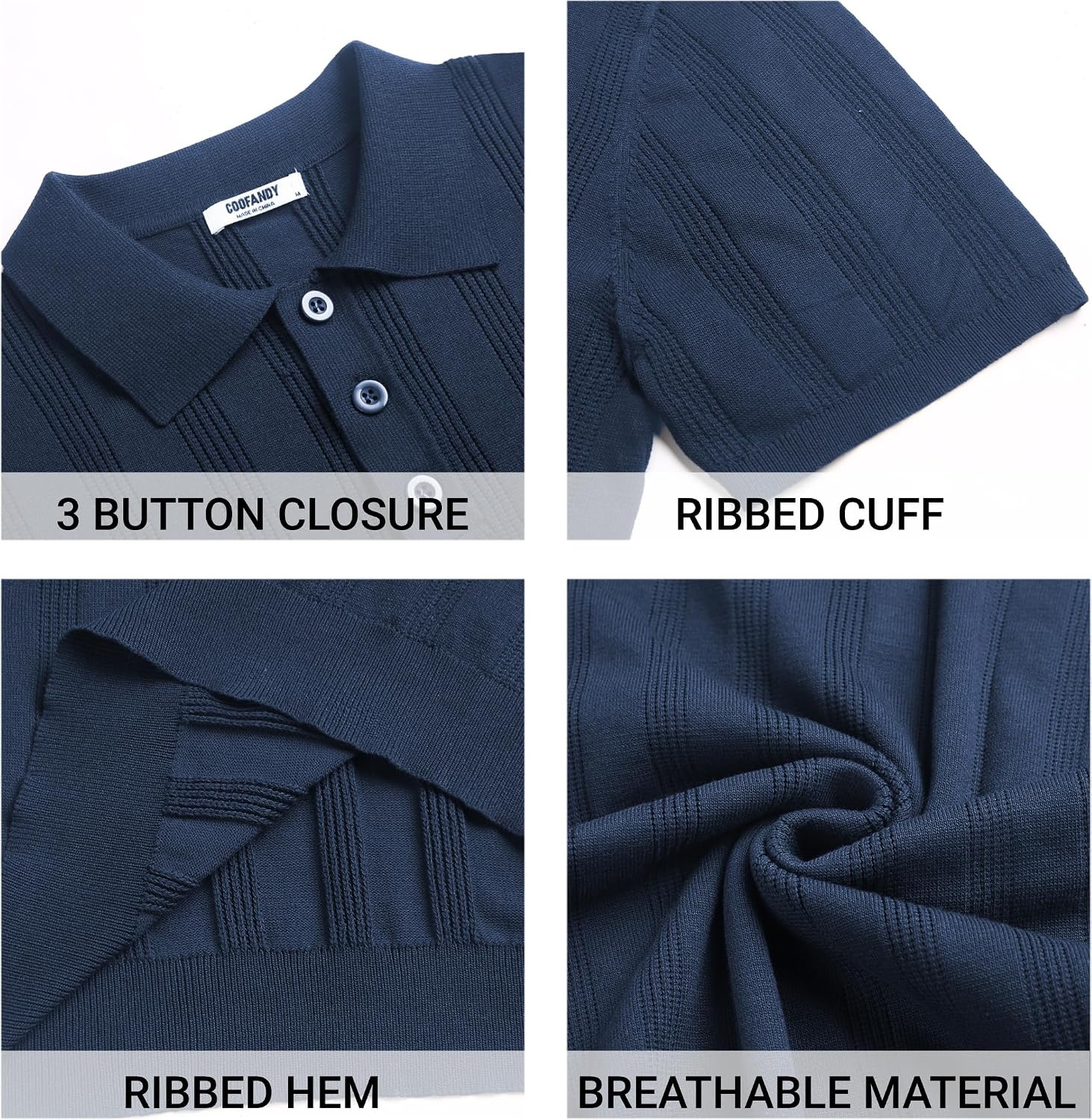 image:imageCOOFANDY Mens Knit Polo Shirts Casual Short Sleeve Button Down Polo Shirt Knit polo soft breathable stretch 3button placket elastic ribbed cuffs and hem casual business classic stylishHnavy Blue Ribbing