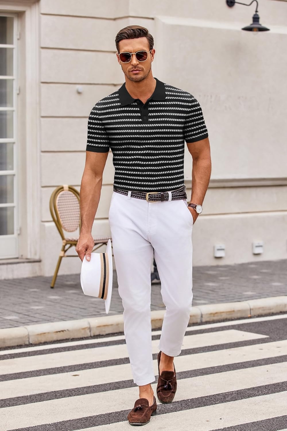 image:imageCOOFANDY Mens Knit Polo Shirts Casual Short Sleeve Button Down Polo Shirt Knit polo soft breathable stretch 3button placket elastic ribbed cuffs and hem casual business classic stylishFblackWhite Striped