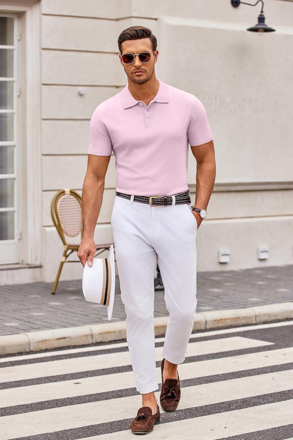 image:imageCOOFANDY Mens Knit Polo Shirts Casual Short Sleeve Button Down Polo Shirt Knit polo soft breathable stretch 3button placket elastic ribbed cuffs and hem casual business classic stylishPink