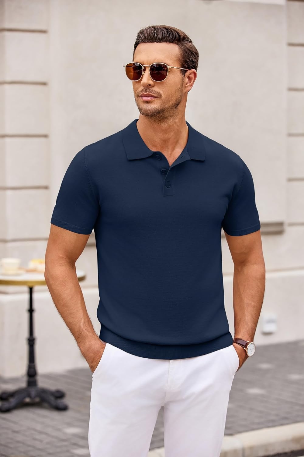 image:imageCOOFANDY Mens Knit Polo Shirts Casual Short Sleeve Button Down Polo Shirt Knit polo soft breathable stretch 3button placket elastic ribbed cuffs and hem casual business classic stylishNavy Blue