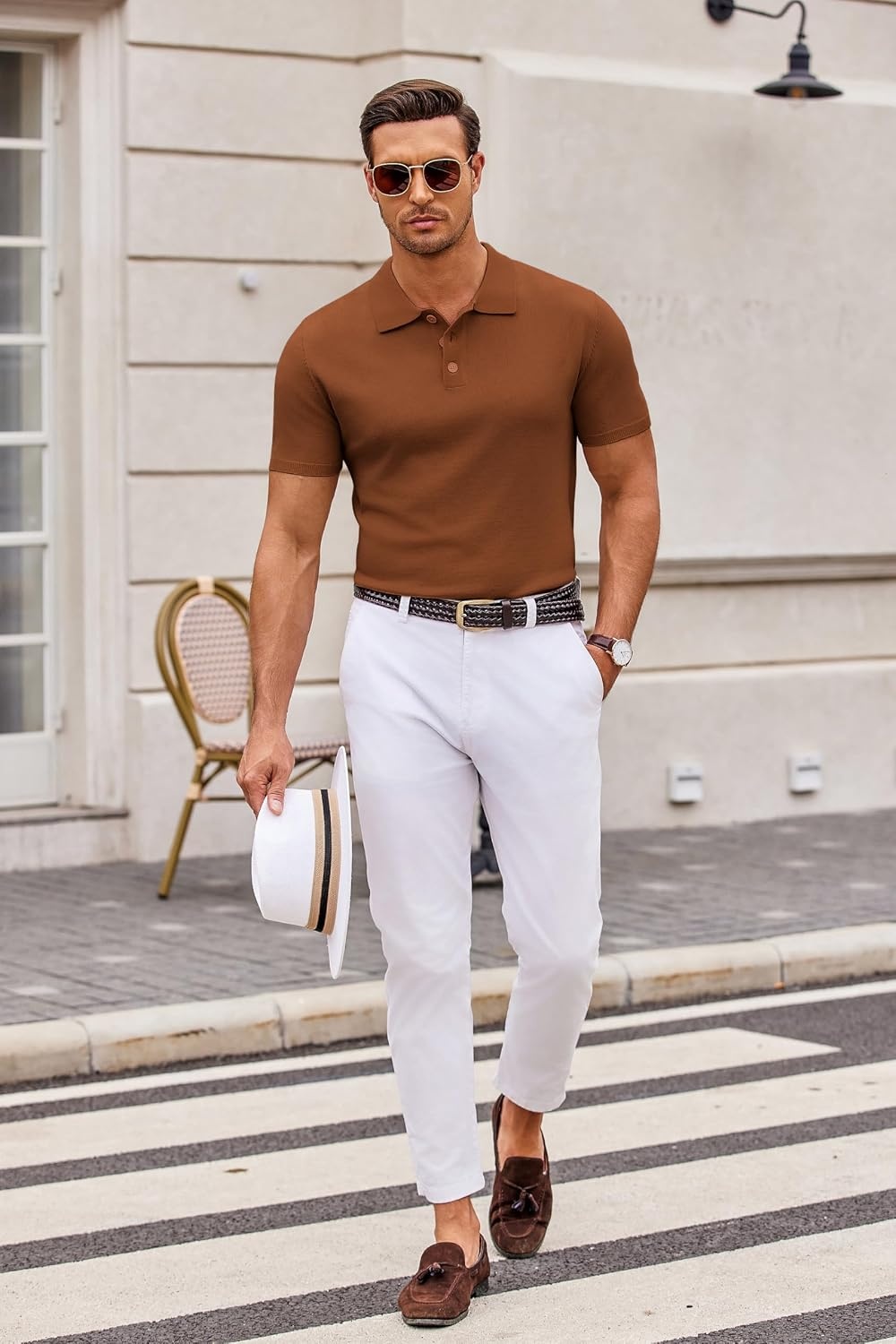image:imageCOOFANDY Mens Knit Polo Shirts Casual Short Sleeve Button Down Polo Shirt Knit polo soft breathable stretch 3button placket elastic ribbed cuffs and hem casual business classic stylishCaramel