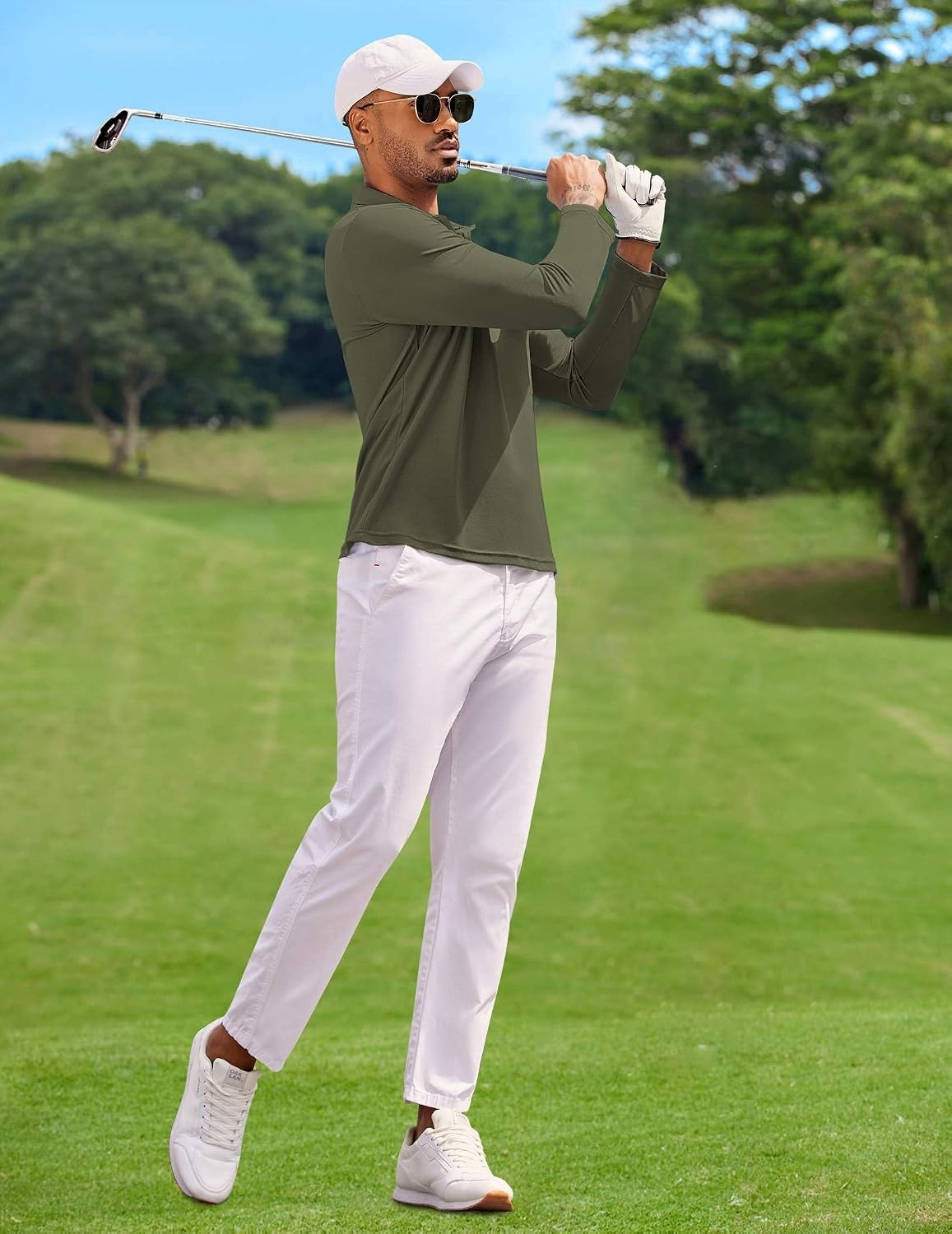 image:imageCOOFANDY Mens Long Sleeve Polo Shirt Golf Lightweight Breathable Moisture Wicking Shirt for Business Casual Work OutdoorArmy Green