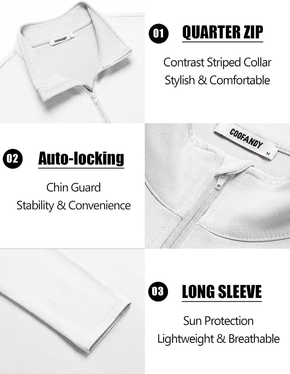 image:imageCOOFANDY Mens Quarter Zip Pullover Golf Shirts Mock Neck Sweatshirt Hiking 14 Zip Long Sleeve Lightweight Moisture Wicking Contrast Striped Collar Sun Protection Running Fishing OutgoingWhite