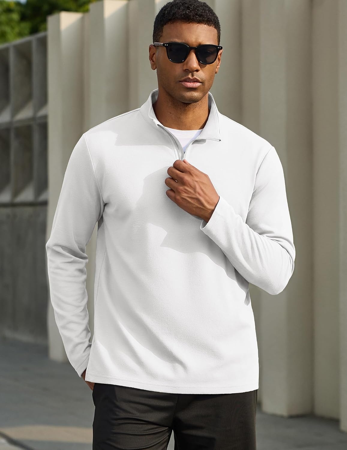 image:imageCOOFANDY Mens Quarter Zip Pullover Golf Shirts Mock Neck Sweatshirt Hiking 14 Zip Long Sleeve Lightweight Moisture Wicking Contrast Striped Collar Sun Protection Running Fishing OutgoingWhite