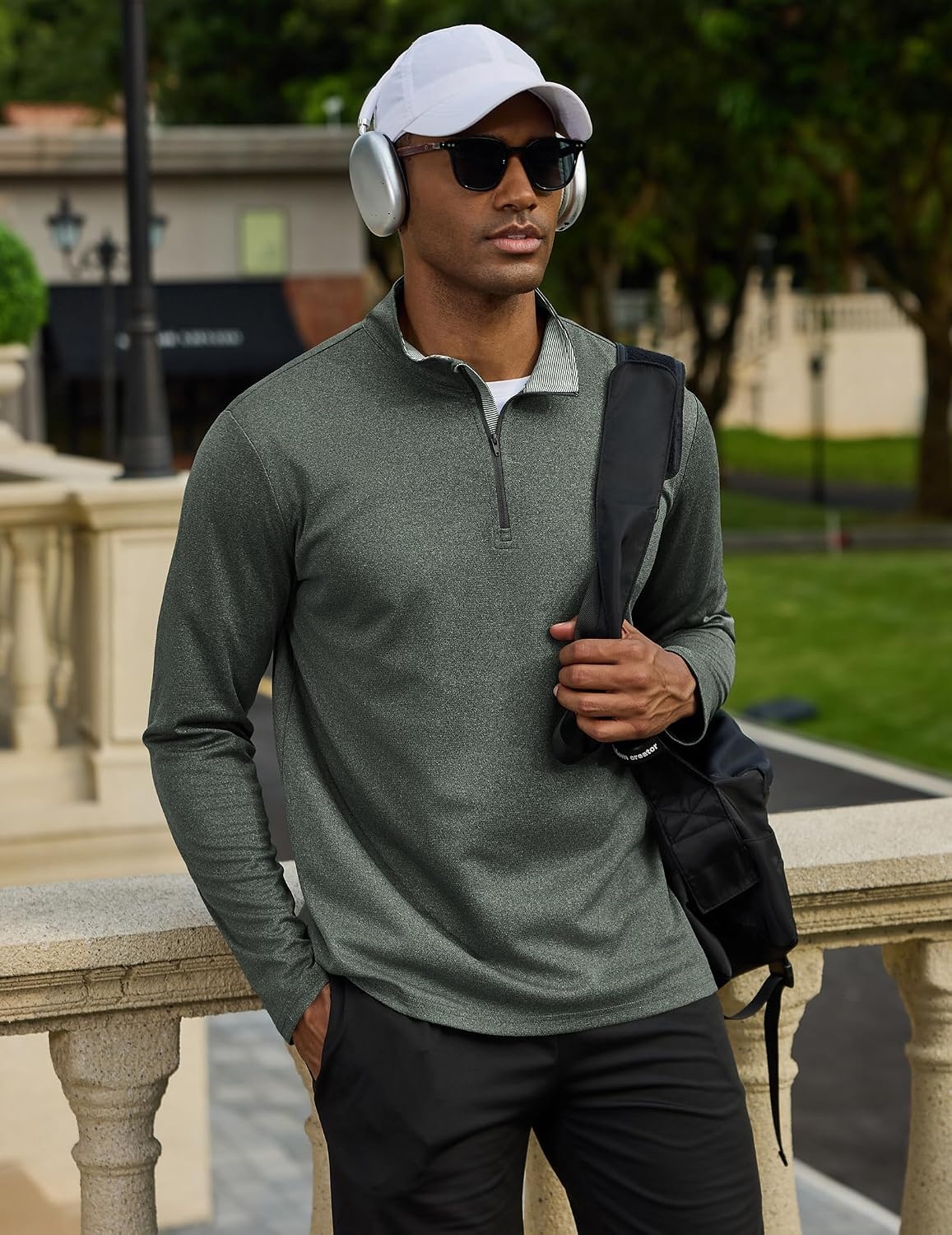 image:imageCOOFANDY Mens Quarter Zip Pullover Golf Shirts Mock Neck Sweatshirt Hiking 14 Zip Long Sleeve Lightweight Moisture Wicking Contrast Striped Collar Sun Protection Running Fishing OutgoingDark Green