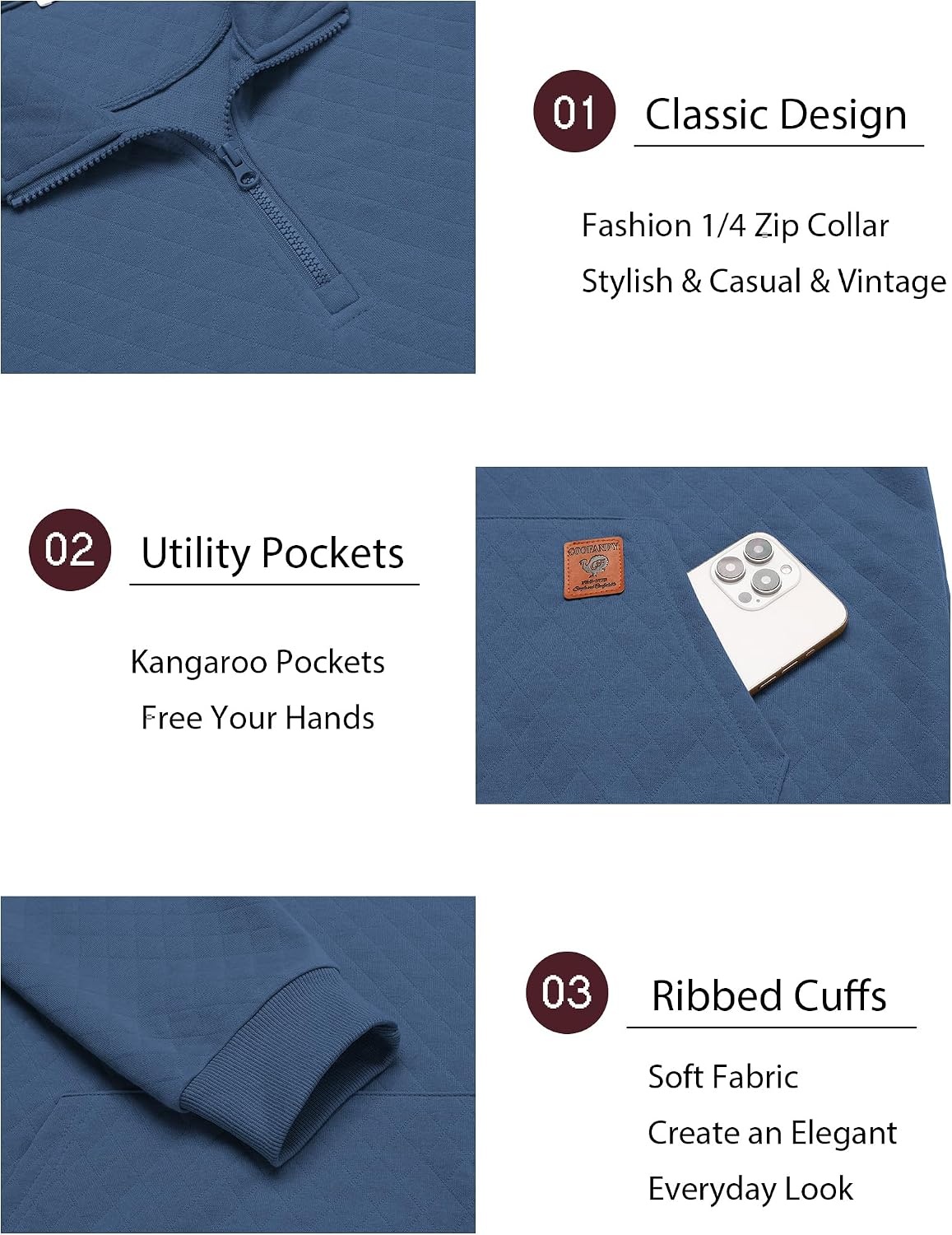 image:imageCOOFANDY Mens Quarter Zip Pullover Long Sleeve Sweatshirt Kangaroo Pocket Waffle Quilted Half Zip Sweater Stylish Casual Pullover with Ribbed Cuffs for Fall amp Winter 2026 FashionSlate Blue