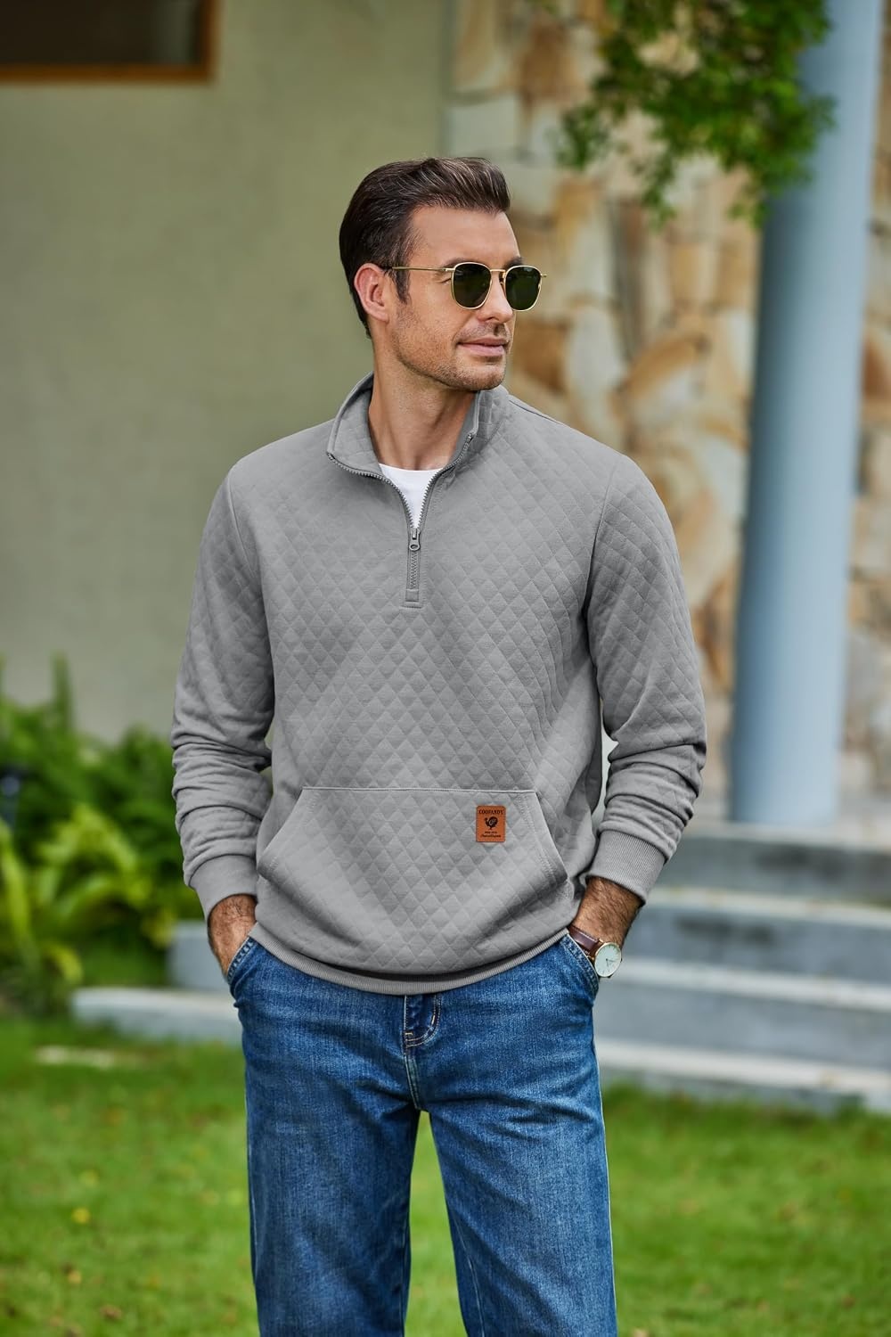 image:imageCOOFANDY Mens Quarter Zip Pullover Long Sleeve Sweatshirt Kangaroo Pocket Waffle Quilted Half Zip Sweater Stylish Casual Pullover with Ribbed Cuffs for Fall amp Winter 2026 FashionLight Grey